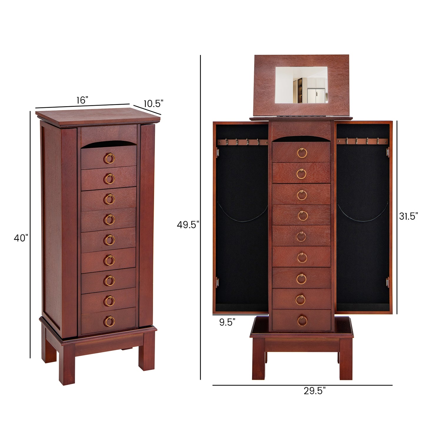 Large Jewelry Organizer Cabinet with 9 Drawers, Side Shelves and Flip-Top Vanity Mirror