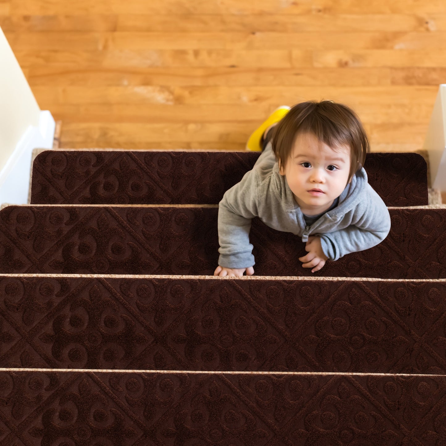 15 Pcs Non Slip Stair Rugs for Safe Comfortable Mats on Wooden Steps - Brown