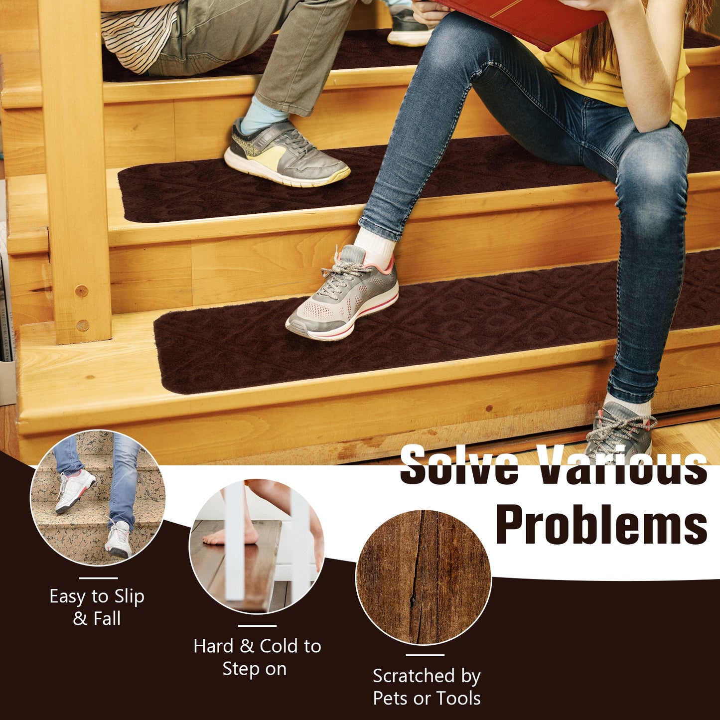 15 Pcs Non Slip Stair Rugs for Safe Comfortable Mats on Wooden Steps - Brown