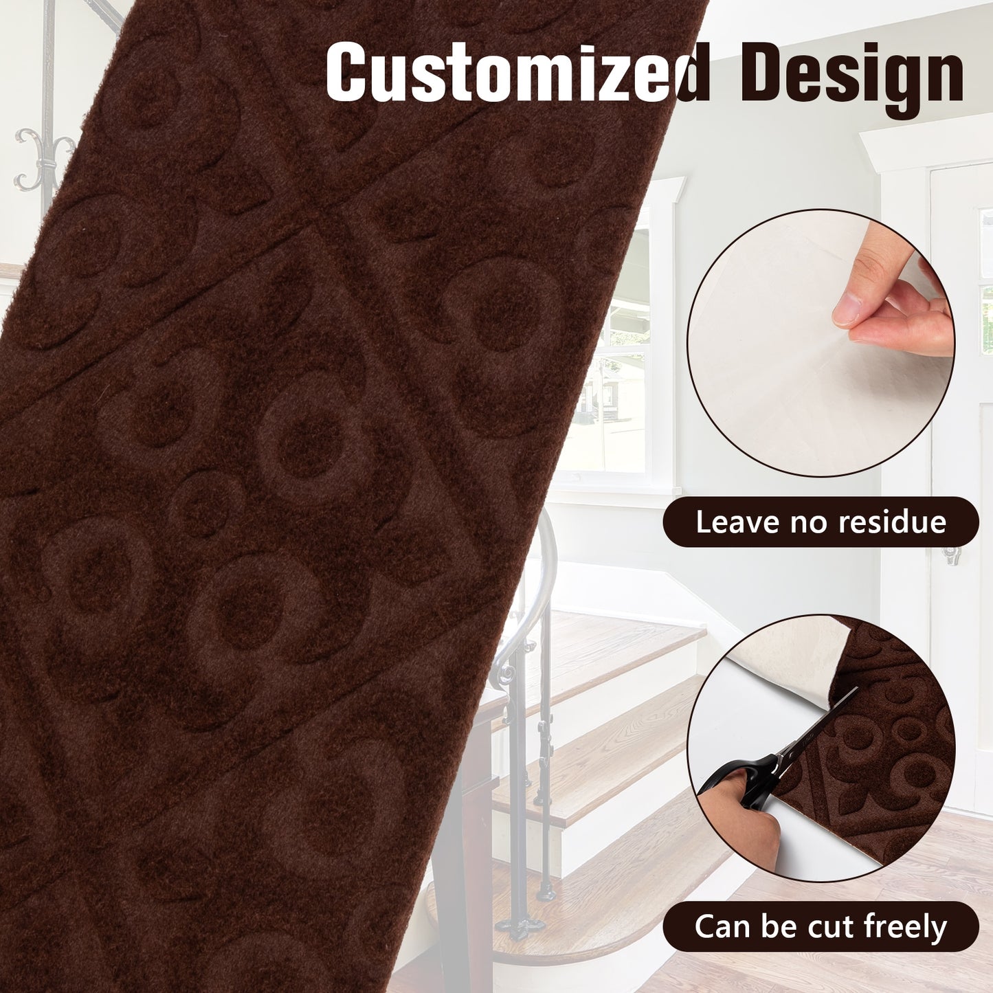 15 Pcs Non Slip Stair Rugs for Safe Comfortable Mats on Wooden Steps - Brown