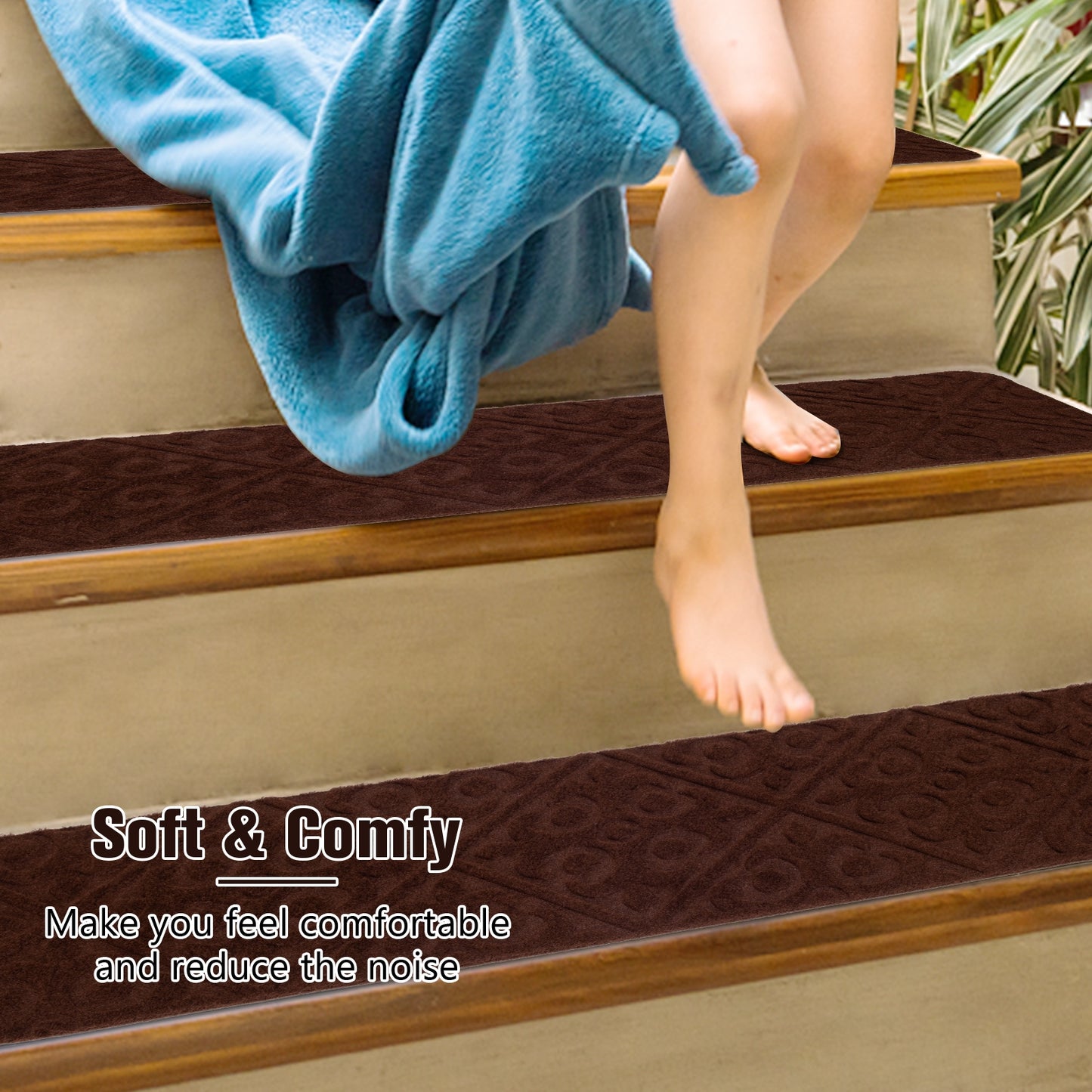 15 Pcs Non Slip Stair Rugs for Safe Comfortable Mats on Wooden Steps - Brown