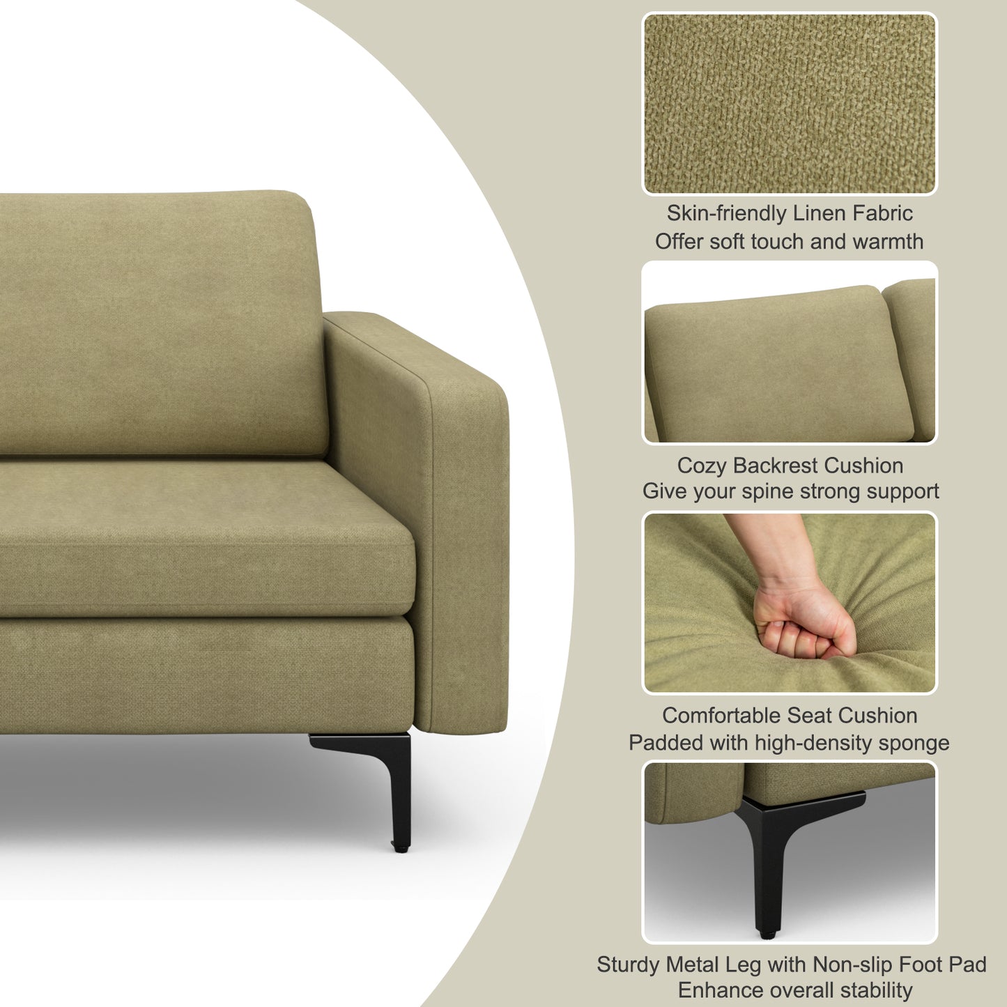 3 Seat Convertible Sofa with Built-in USB Ports and Side Pockets for Storage - Green