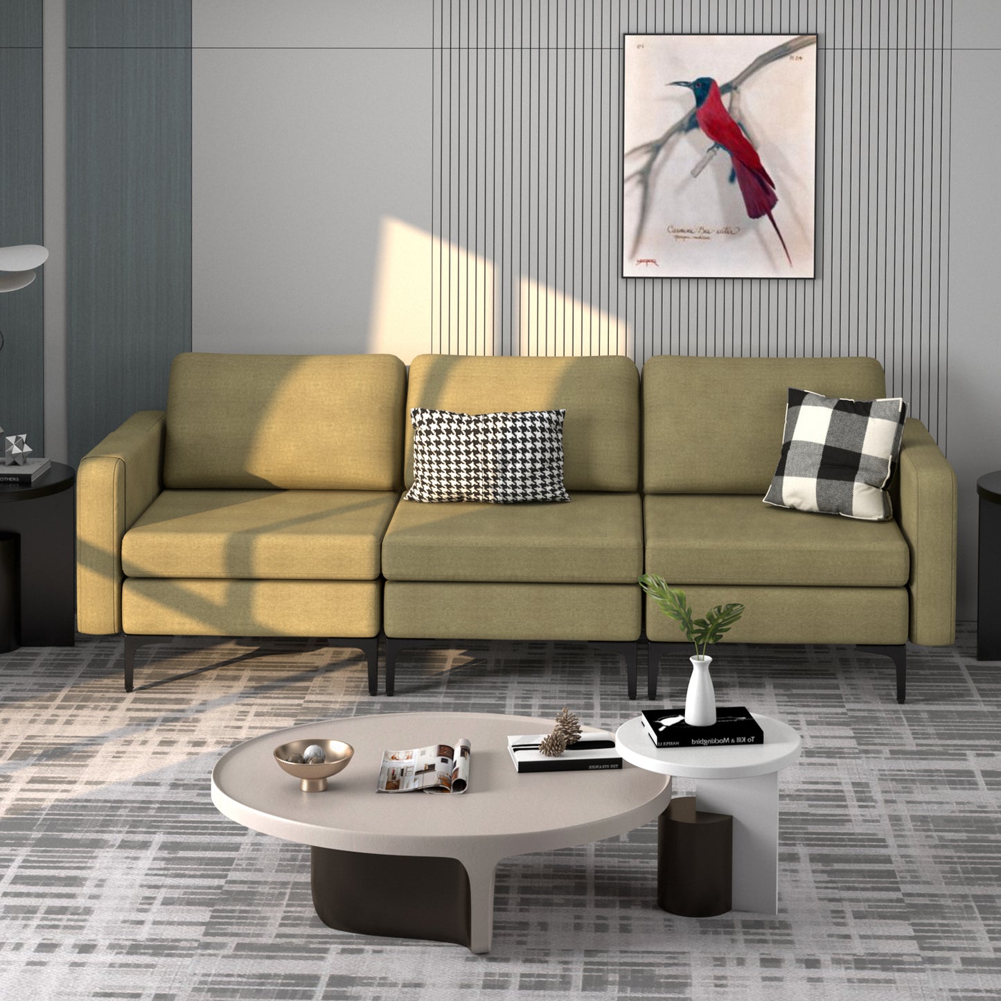 3 Seat Convertible Sofa with Built-in USB Ports and Side Pockets for Storage - Green