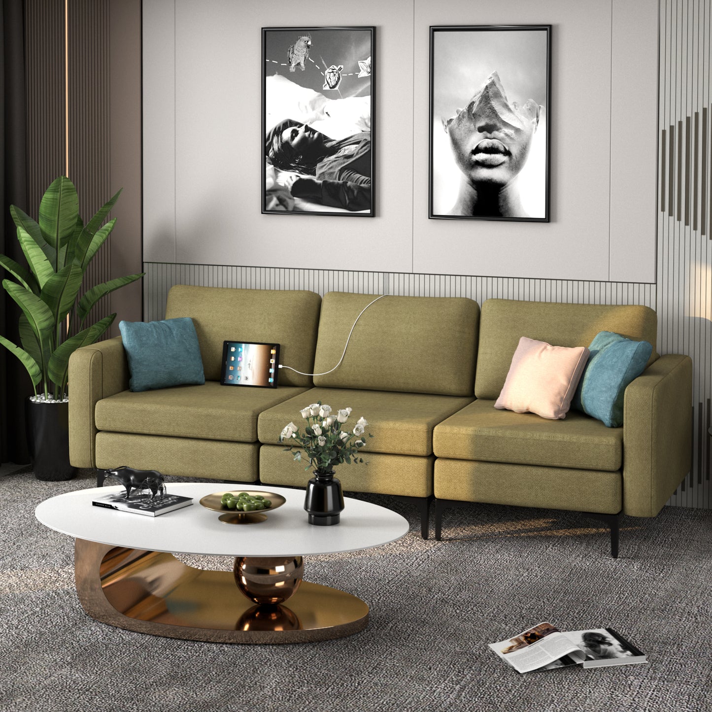 3 Seat Convertible Sofa with Built-in USB Ports and Side Pockets for Storage - Green