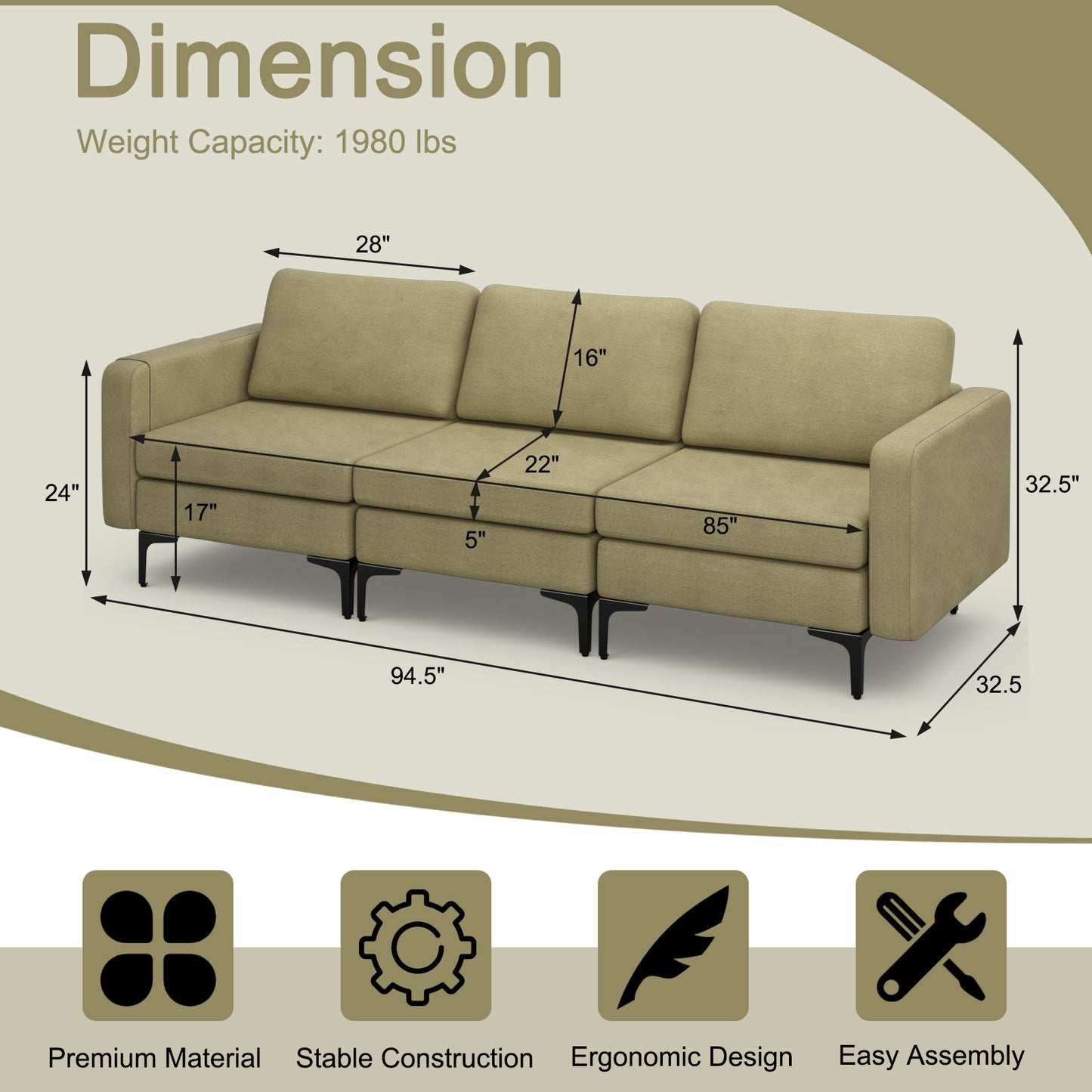 3 Seat Convertible Sofa with Built-in USB Ports and Side Pockets for Storage - Green
