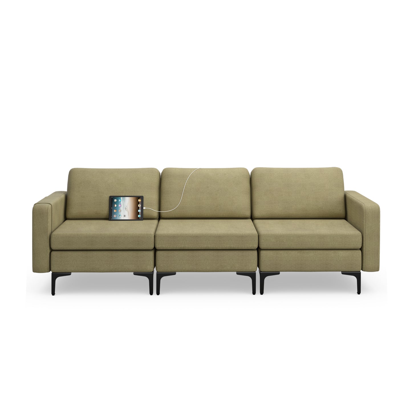 3 Seat Convertible Sofa with Built-in USB Ports and Side Pockets for Storage - Green
