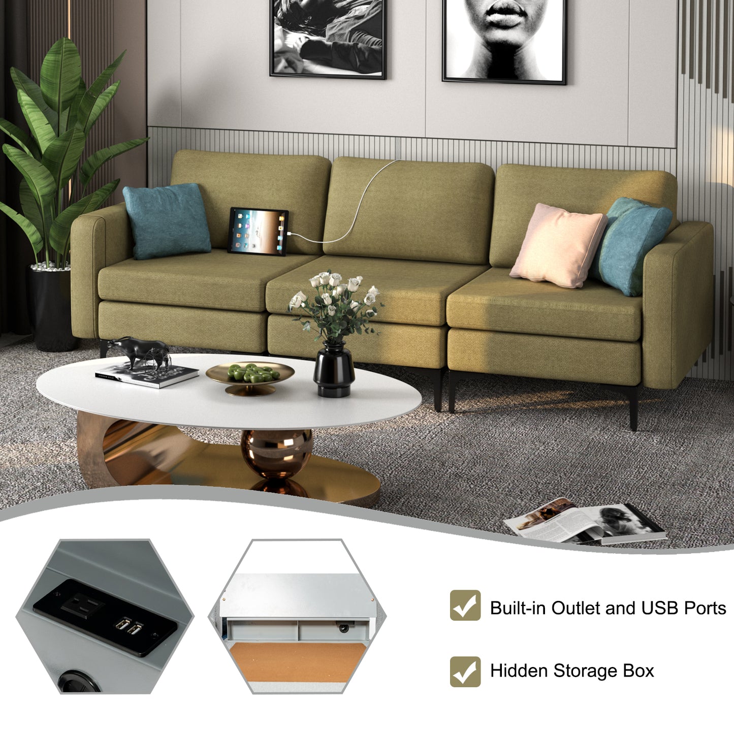 3 Seat Convertible Sofa with Built-in USB Ports and Side Pockets for Storage - Green
