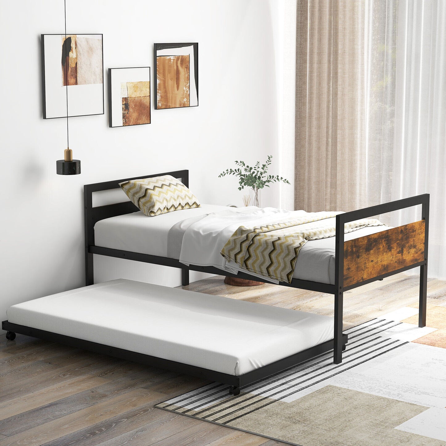 Twin Metal Daybed with Trundle, Lockable Casters and Wood Headboard