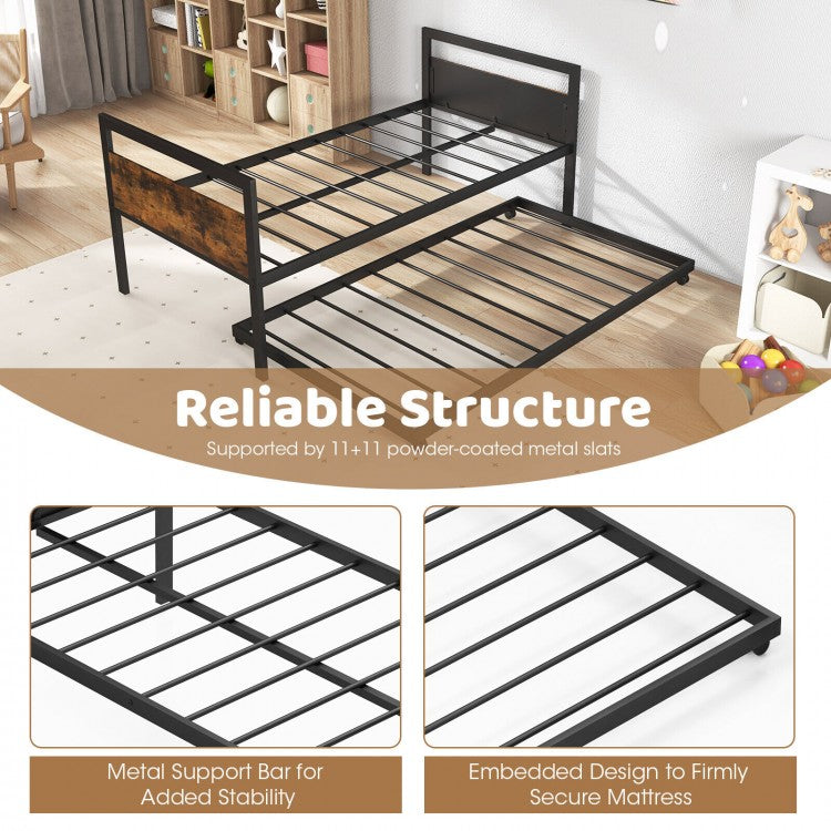 Twin Metal Daybed with Trundle, Lockable Casters and Wood Headboard