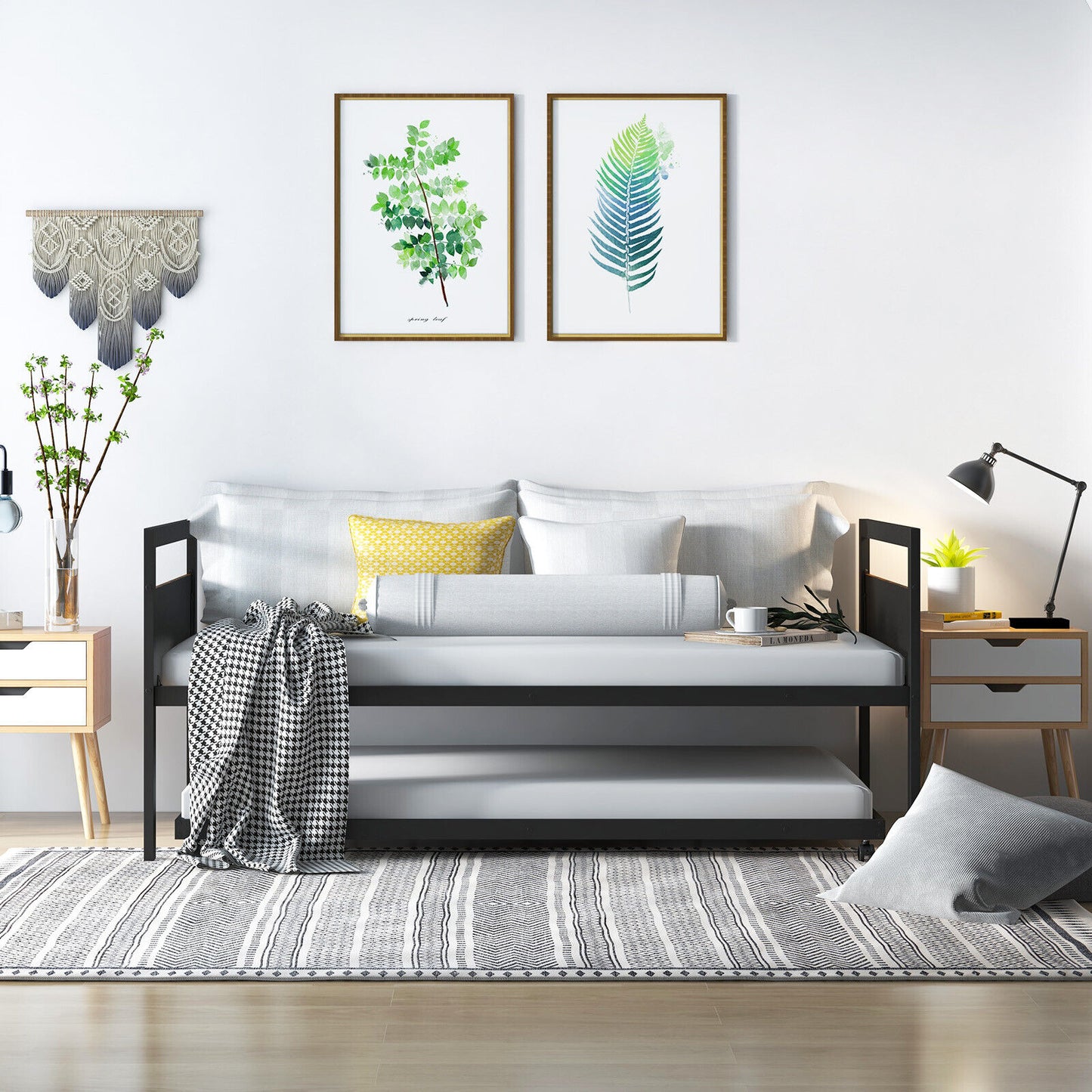 Twin Metal Daybed with Trundle, Lockable Casters and Wood Headboard