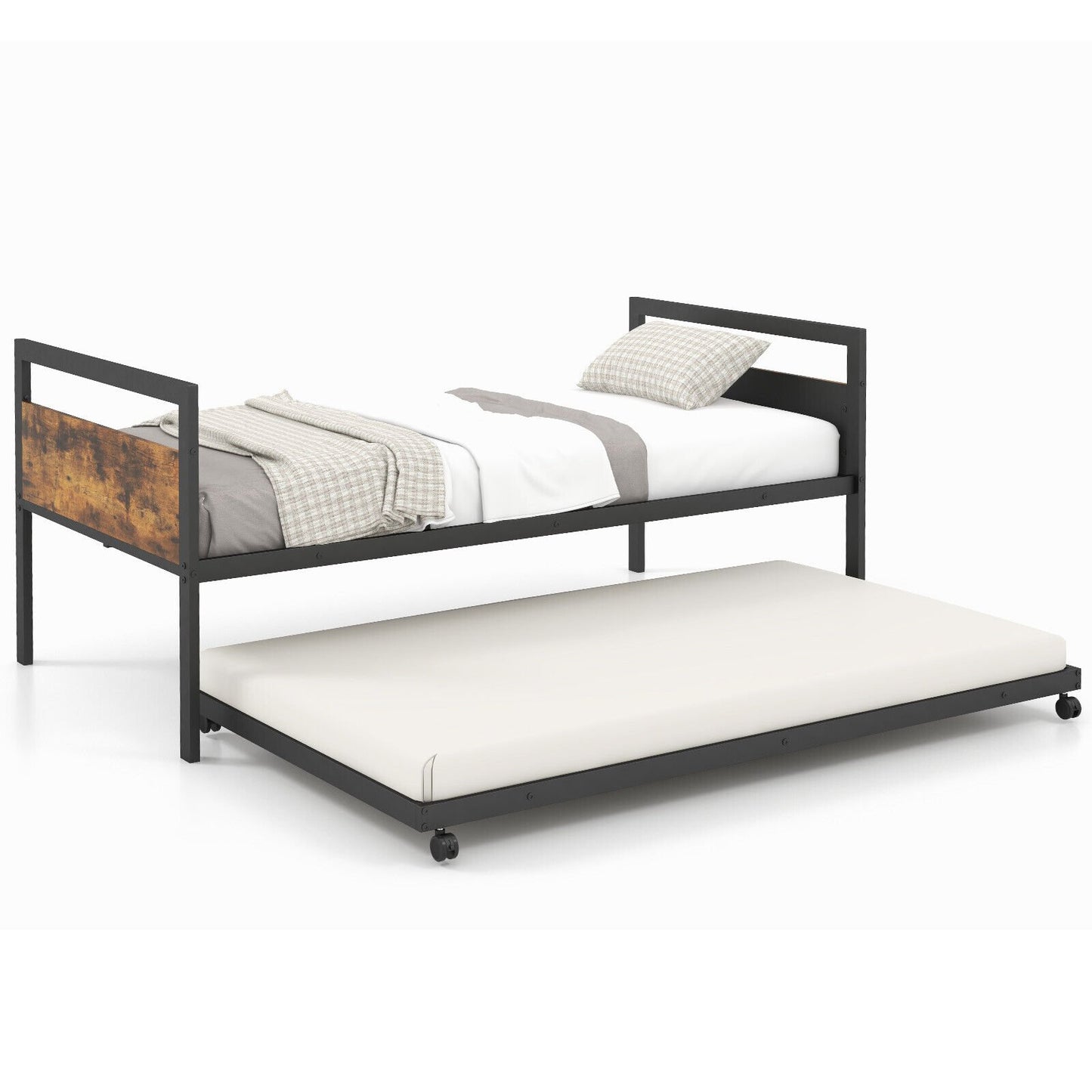 Twin Metal Daybed with Trundle, Lockable Casters and Wood Headboard