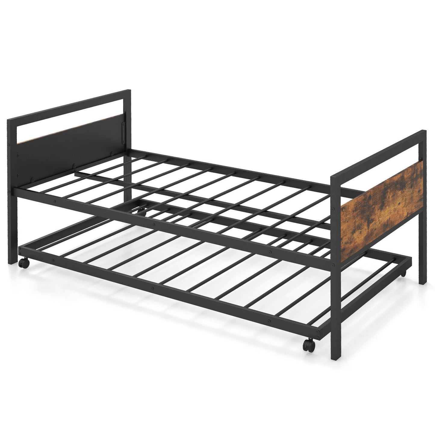Twin Metal Daybed with Trundle, Lockable Casters and Wood Headboard