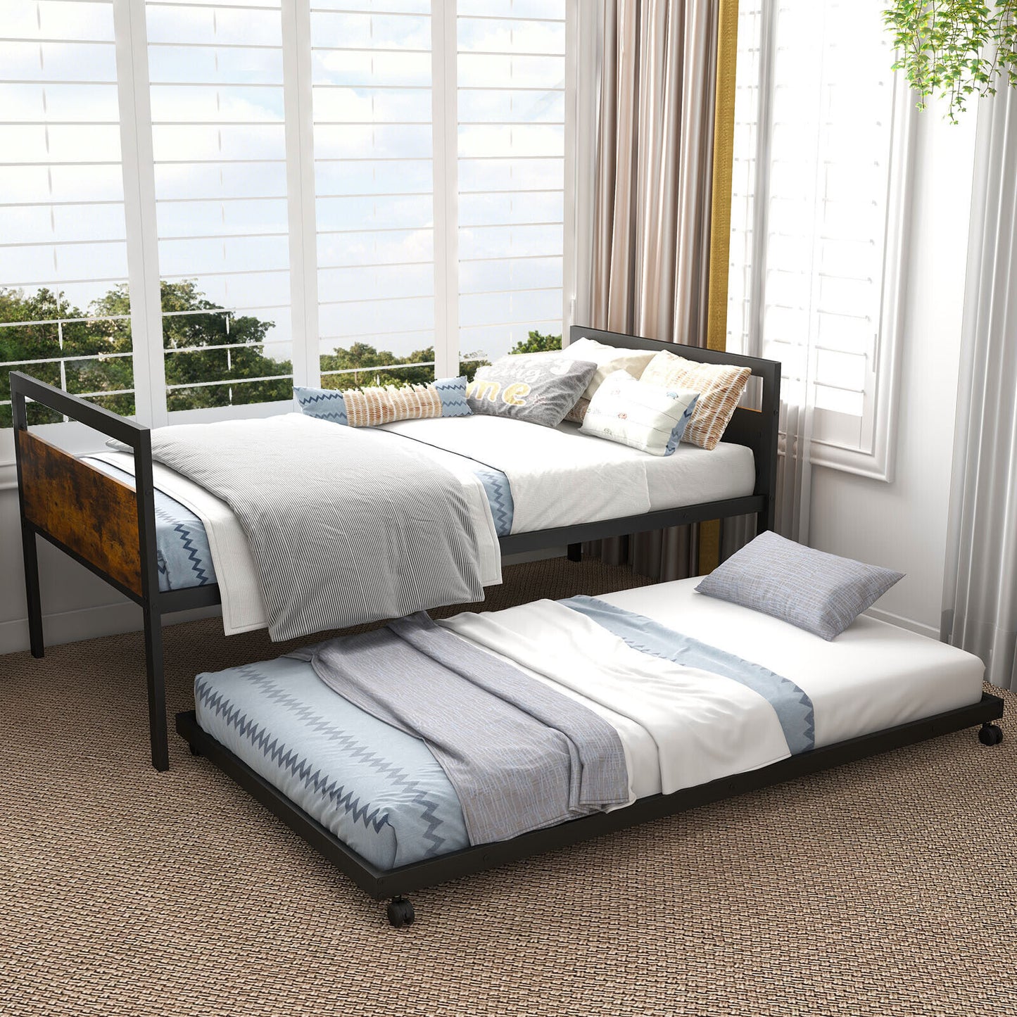 Twin Metal Daybed with Trundle, Lockable Casters and Wood Headboard