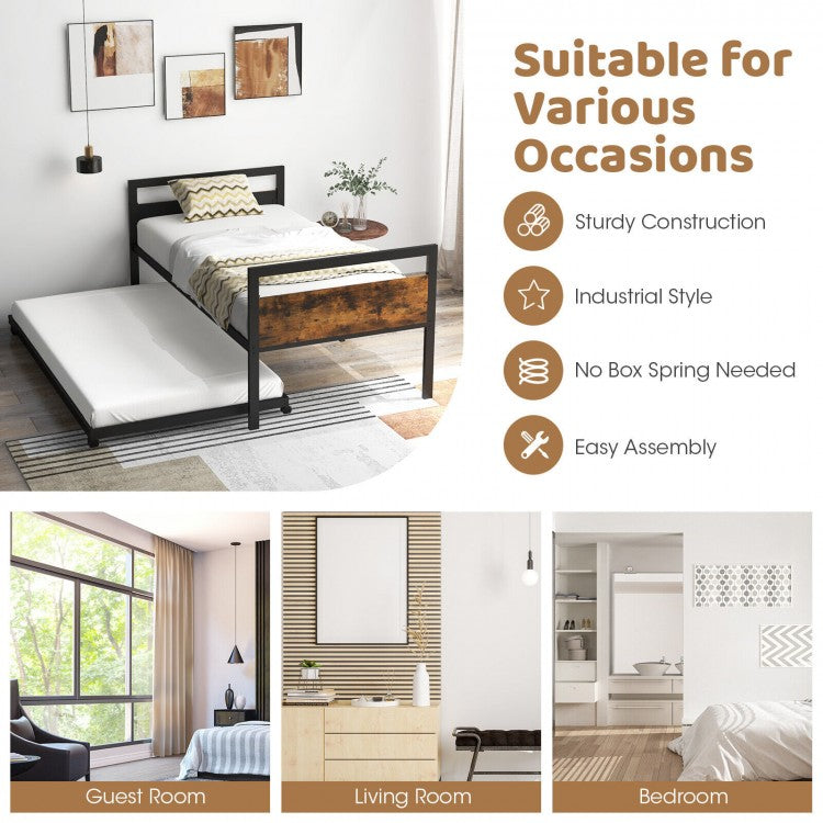 Twin Metal Daybed with Trundle, Lockable Casters and Wood Headboard
