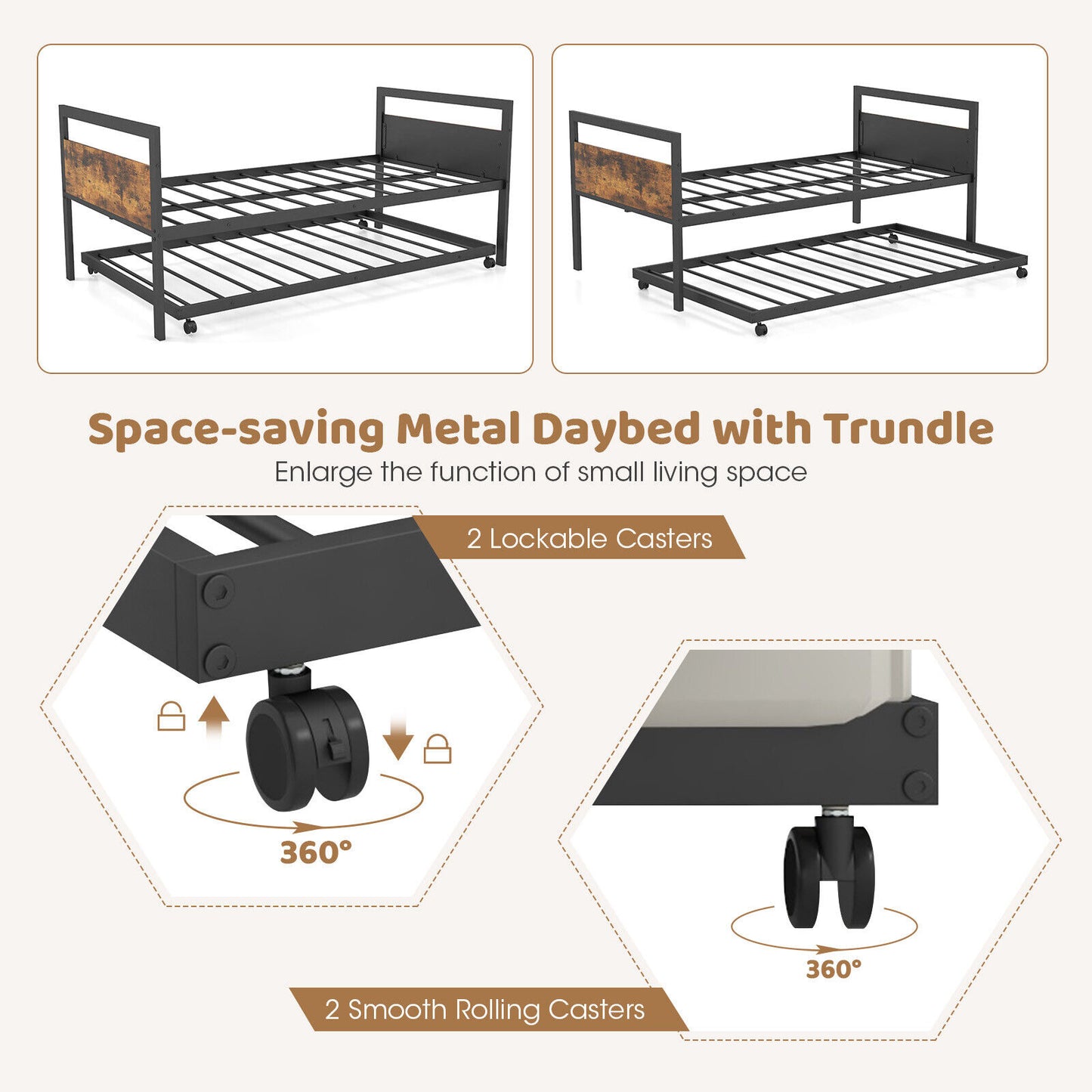 Twin Metal Daybed with Trundle, Lockable Casters and Wood Headboard