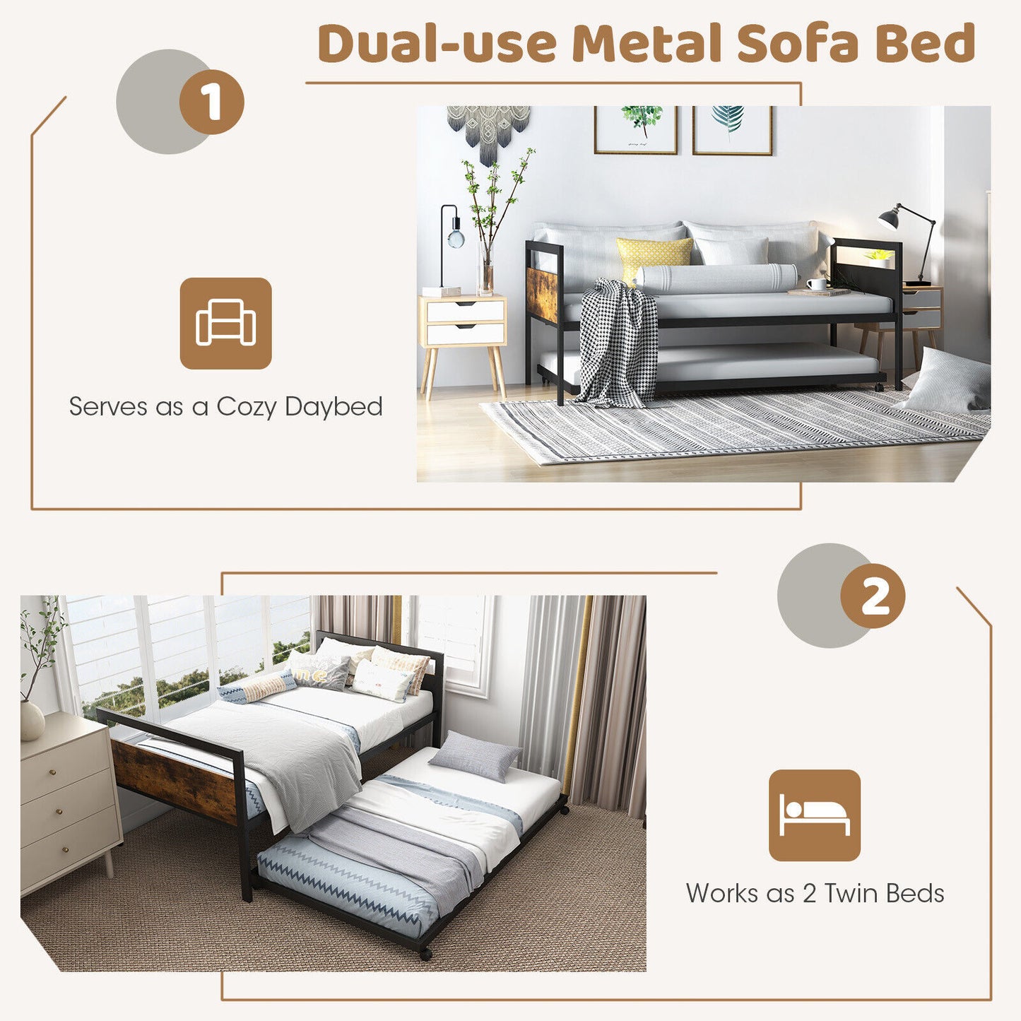 Twin Metal Daybed with Trundle, Lockable Casters and Wood Headboard