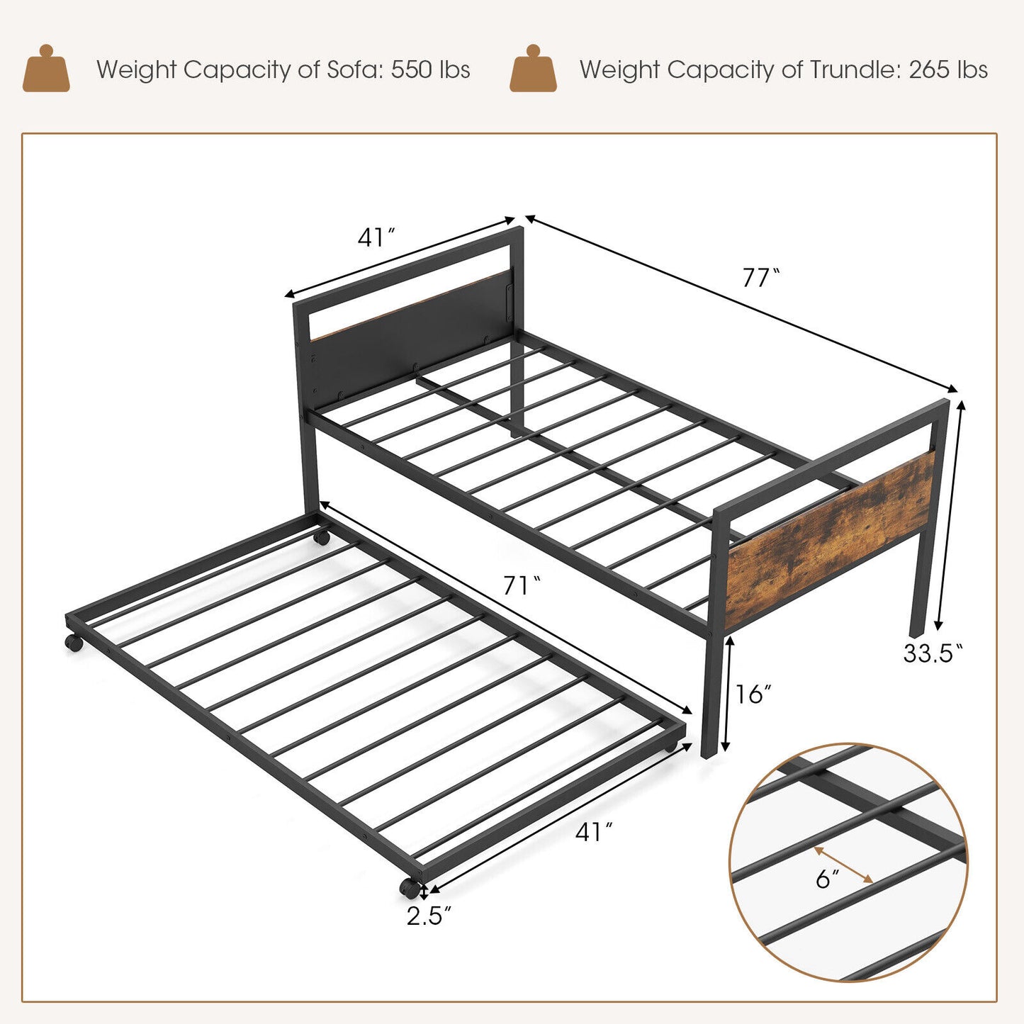 Twin Metal Daybed with Trundle, Lockable Casters and Wood Headboard