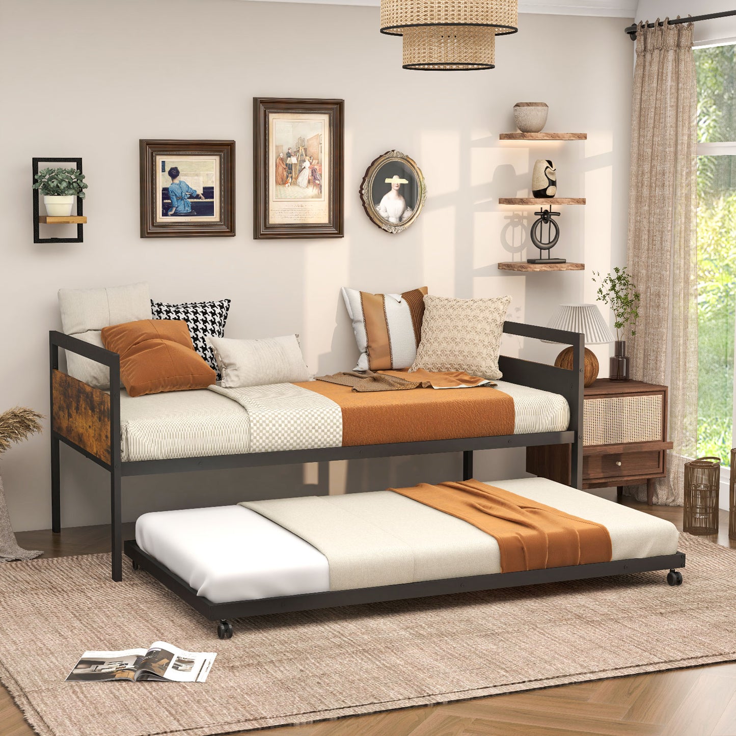 Twin Metal Daybed with Trundle, Lockable Casters and Wood Headboard