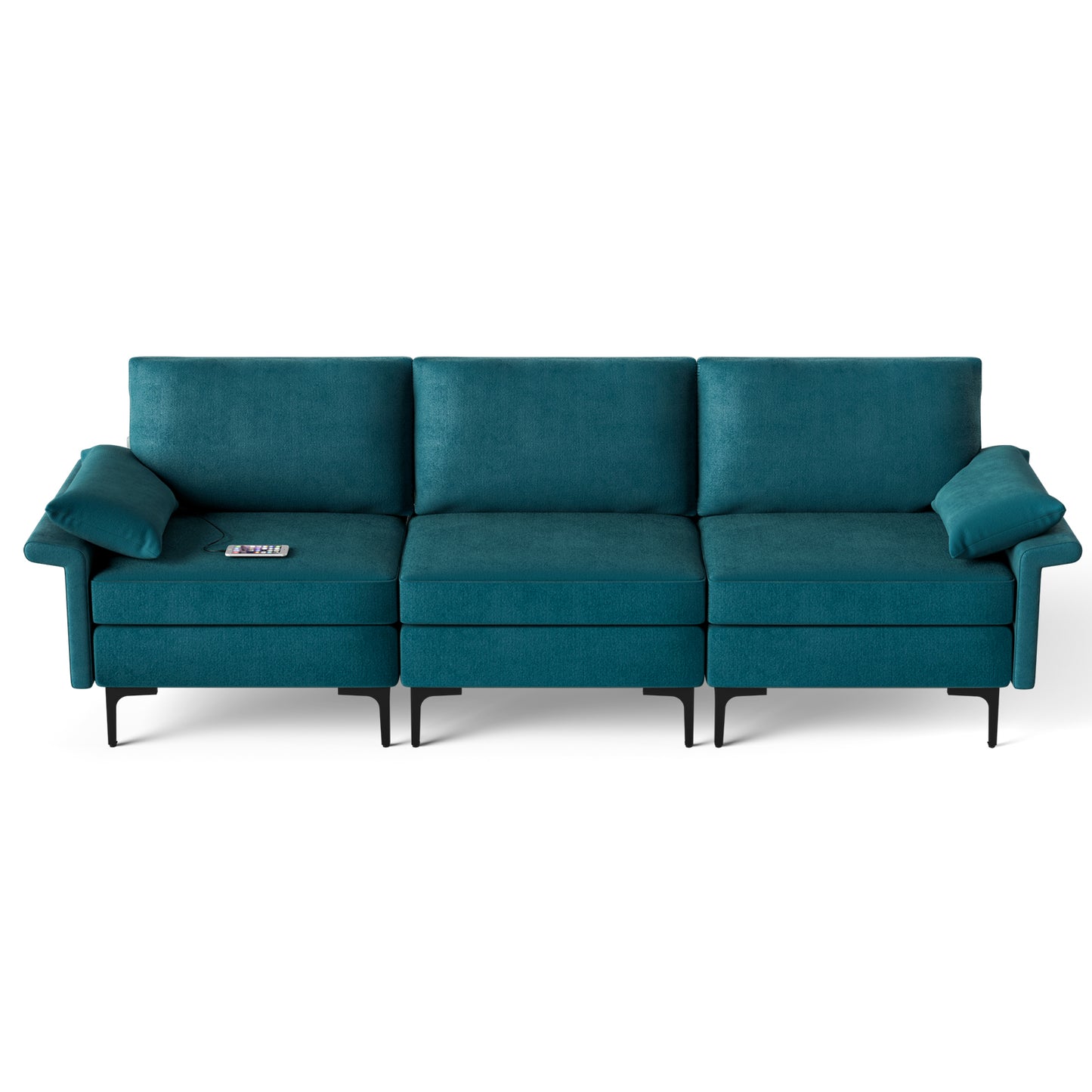 Modern 3-Seat Sofa with Metal Legs, Built-in USB Charging Ports, and Deep Cushions in Peacock Blue