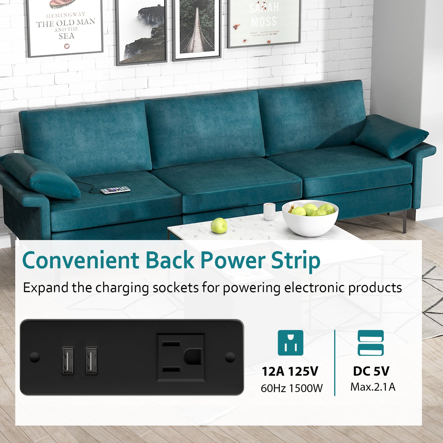 Modern 3-Seat Sofa with Metal Legs, Built-in USB Charging Ports, and Deep Cushions in Peacock Blue