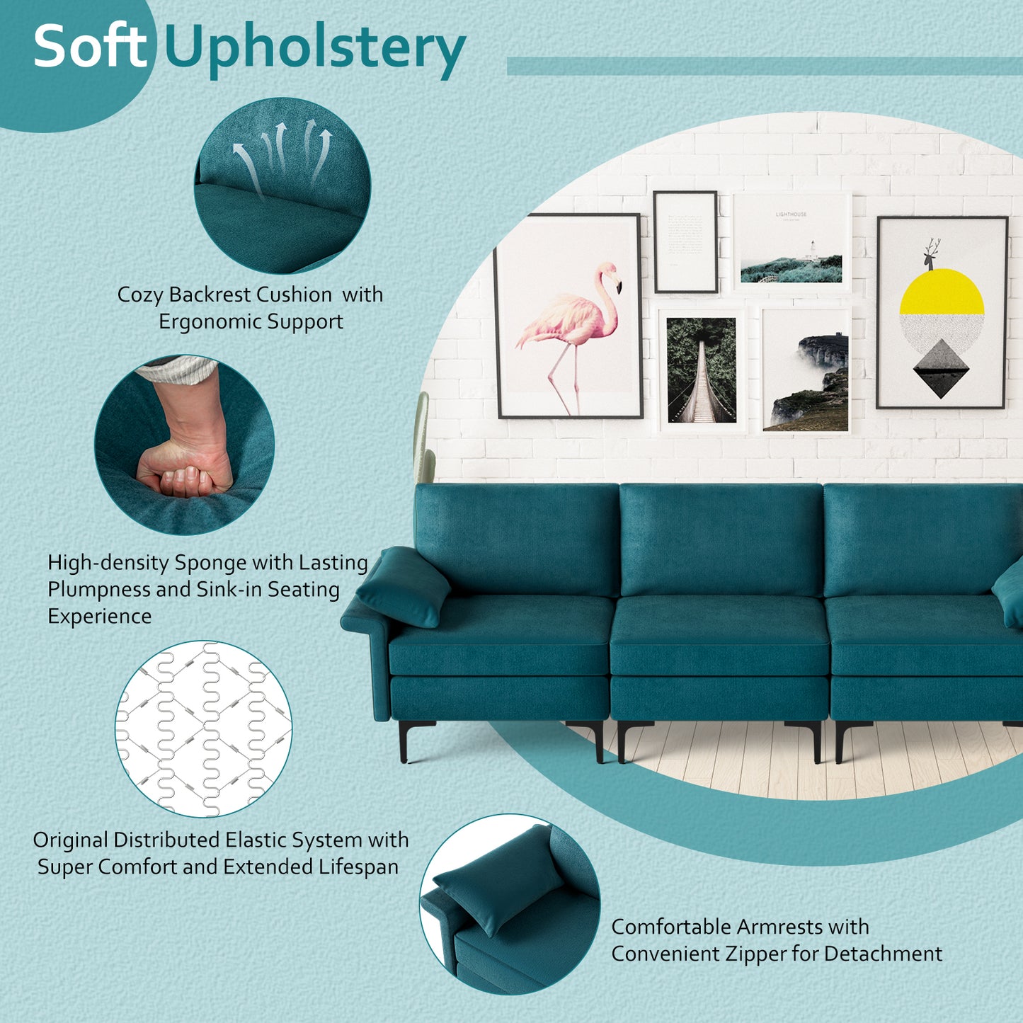 Modern 3-Seat Sofa with Metal Legs, Built-in USB Charging Ports, and Deep Cushions in Peacock Blue