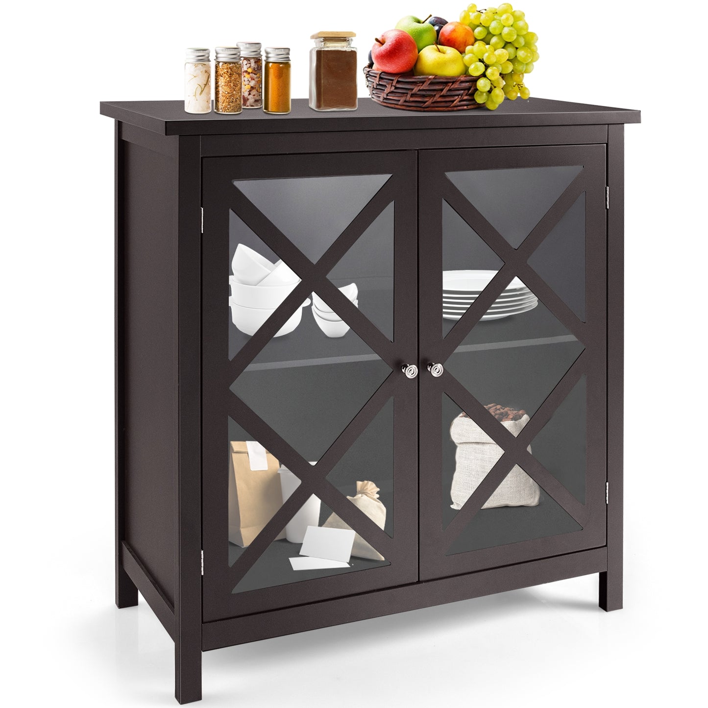Freestanding Buffet Sideboard Cabinet with Glass Doors and Adjustable Shelf - Brown