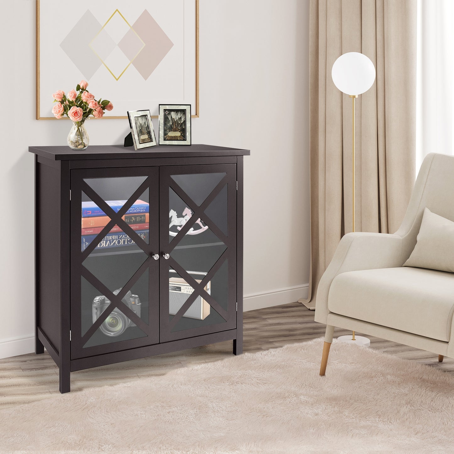 Freestanding Buffet Sideboard Cabinet with Glass Doors and Adjustable Shelf - Brown