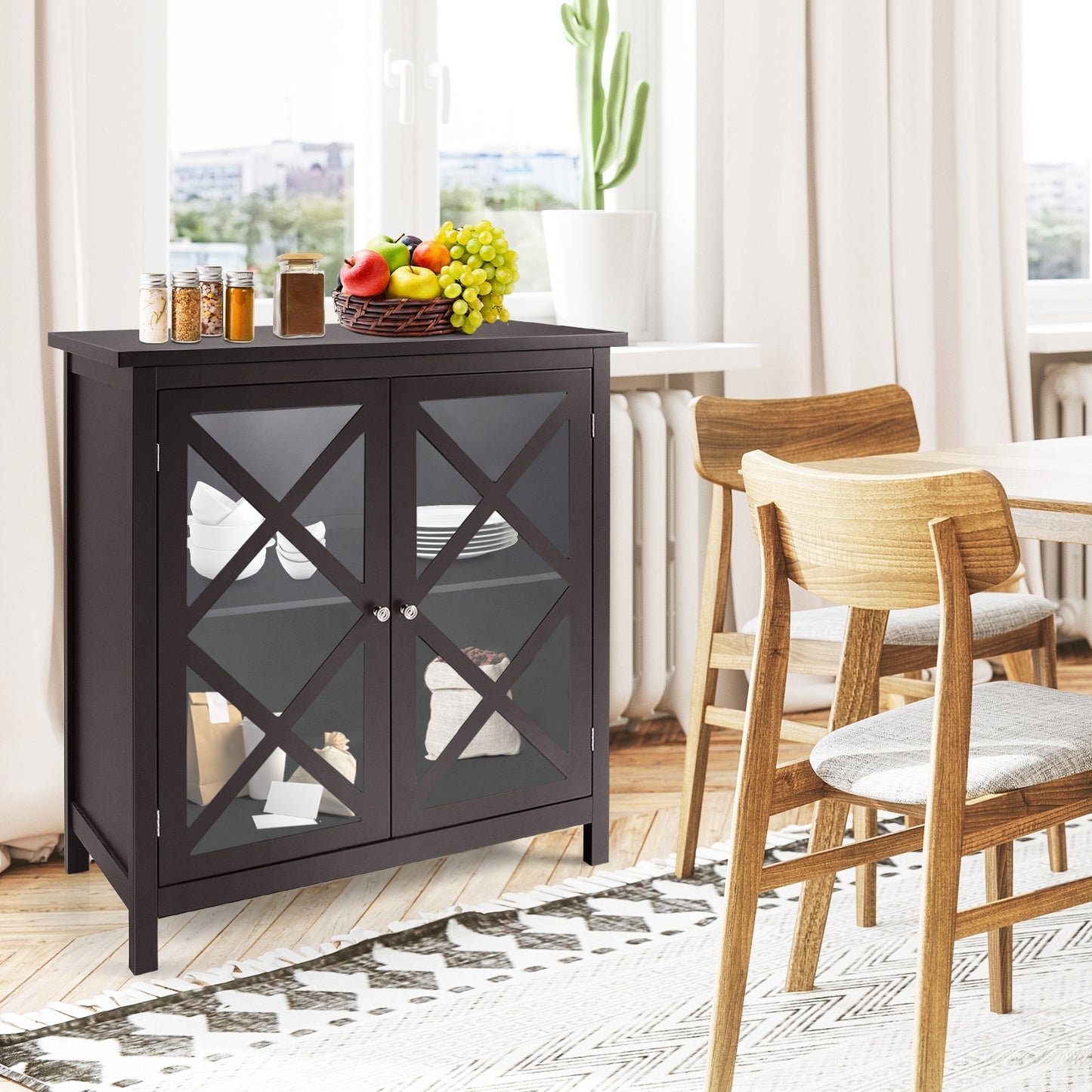 Freestanding Buffet Sideboard Cabinet with Glass Doors and Adjustable Shelf - Brown