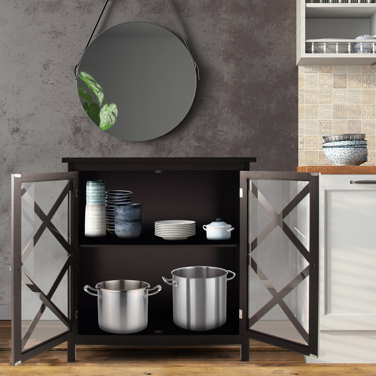 Freestanding Buffet Sideboard Cabinet with Glass Doors and Adjustable Shelf - Brown