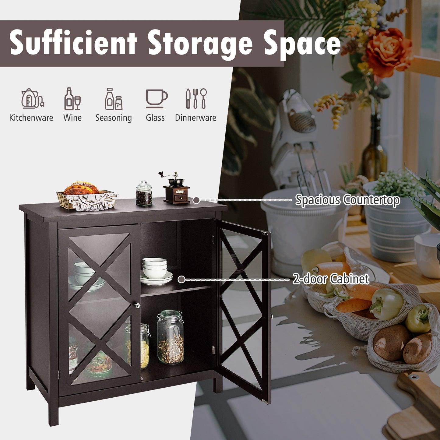 Freestanding Buffet Sideboard Cabinet with Glass Doors and Adjustable Shelf - Brown