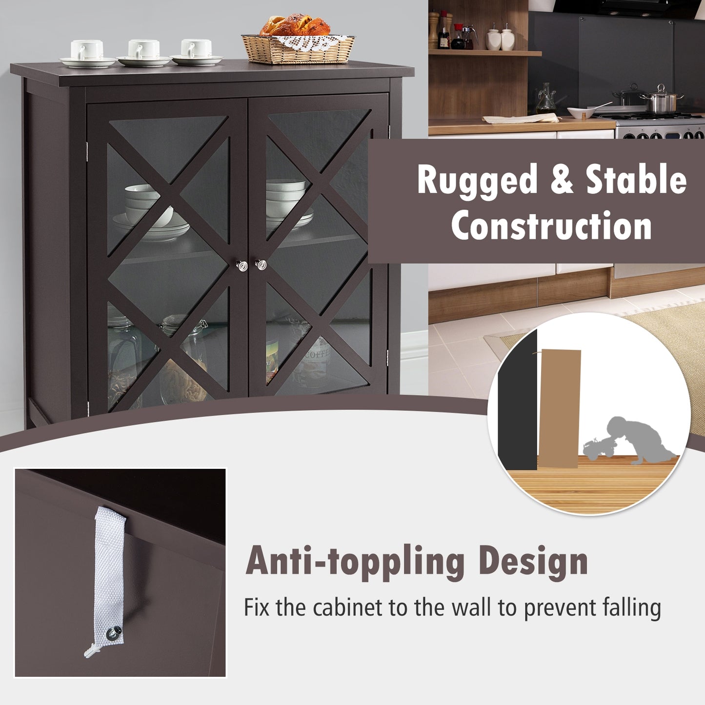 Freestanding Buffet Sideboard Cabinet with Glass Doors and Adjustable Shelf - Brown
