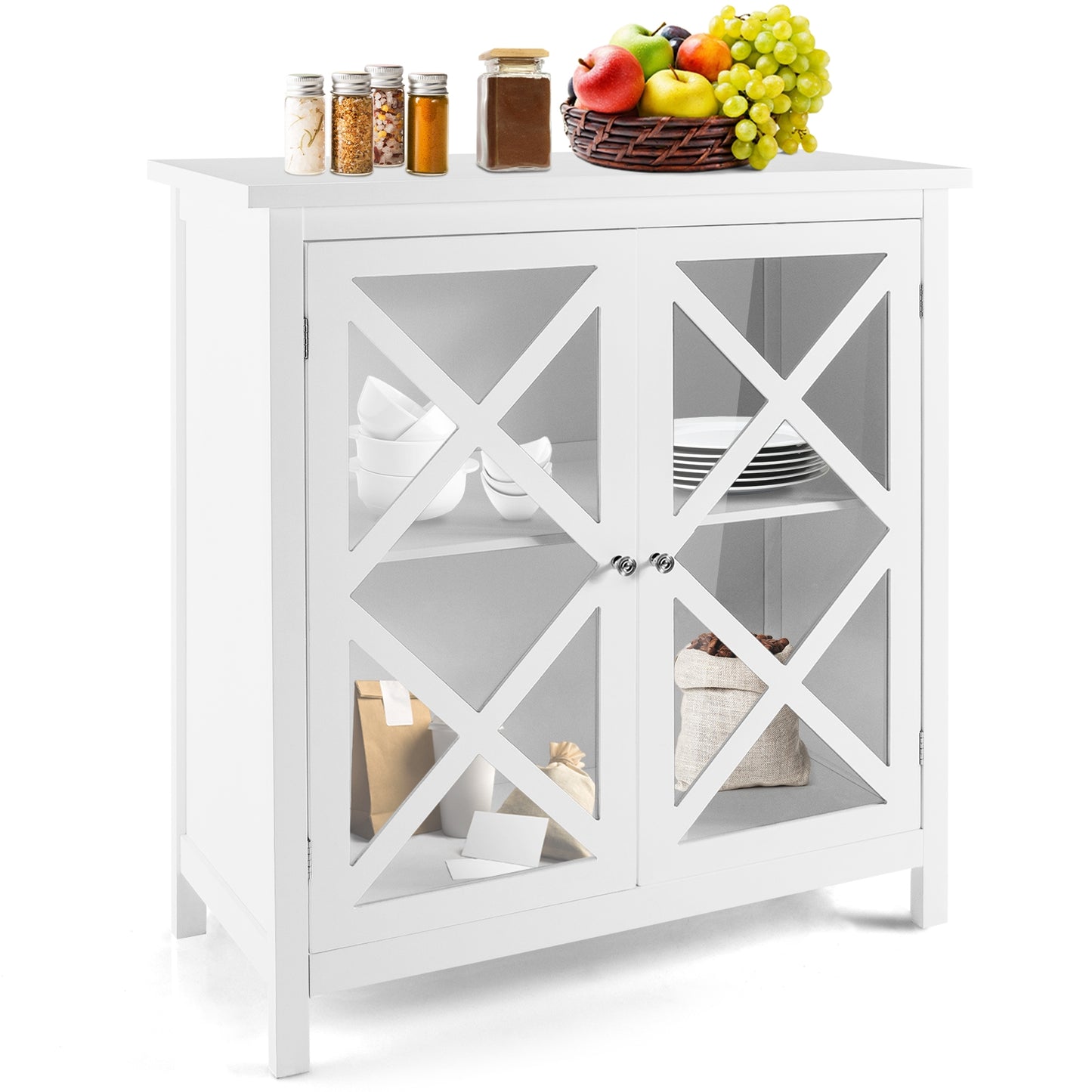 Freestanding Buffet Sideboard Cabinet with Glass Doors and Adjustable Shelf - White