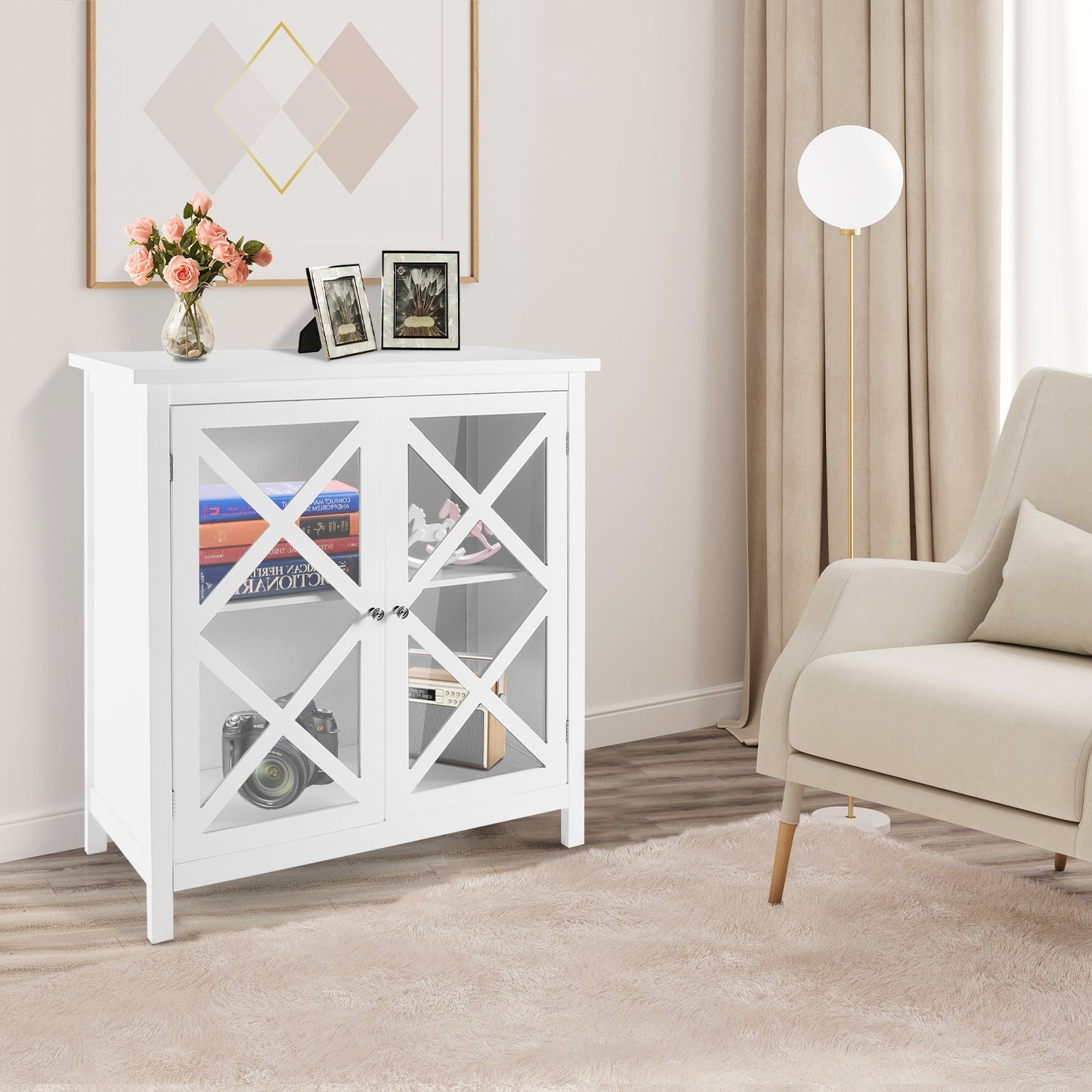Freestanding Buffet Sideboard Cabinet with Glass Doors and Adjustable Shelf - White