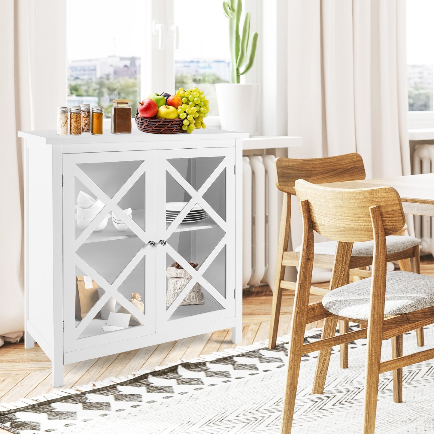 Freestanding Buffet Sideboard Cabinet with Glass Doors and Adjustable Shelf - White