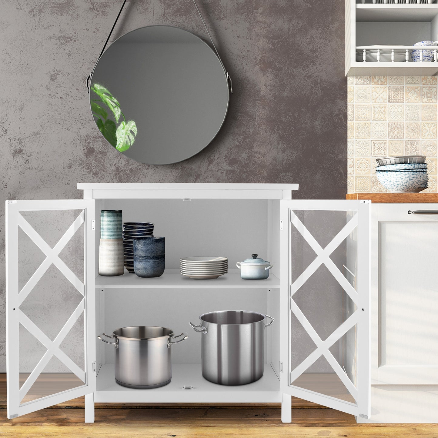 Freestanding Buffet Sideboard Cabinet with Glass Doors and Adjustable Shelf - White