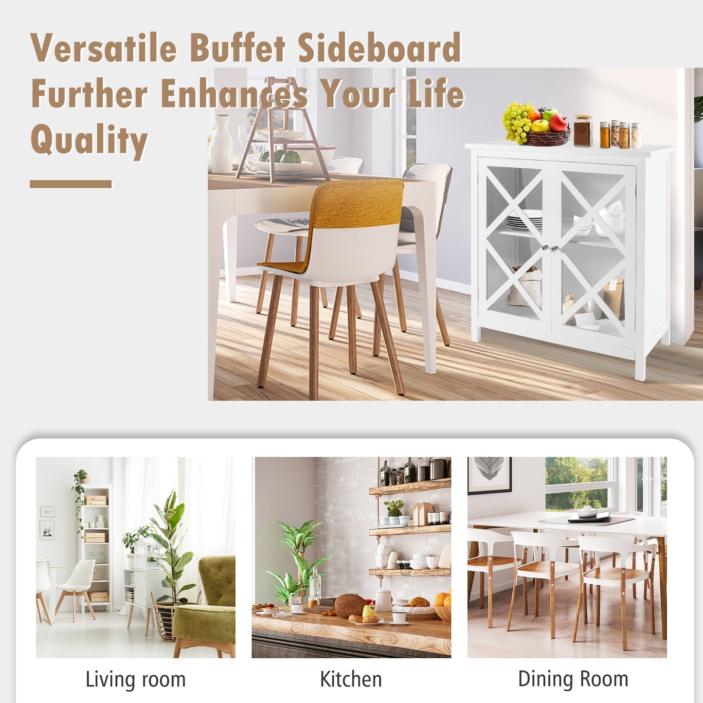 Freestanding Buffet Sideboard Cabinet with Glass Doors and Adjustable Shelf - White