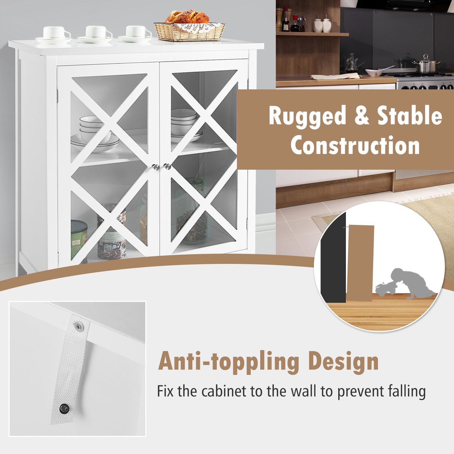 Freestanding Buffet Sideboard Cabinet with Glass Doors and Adjustable Shelf - White