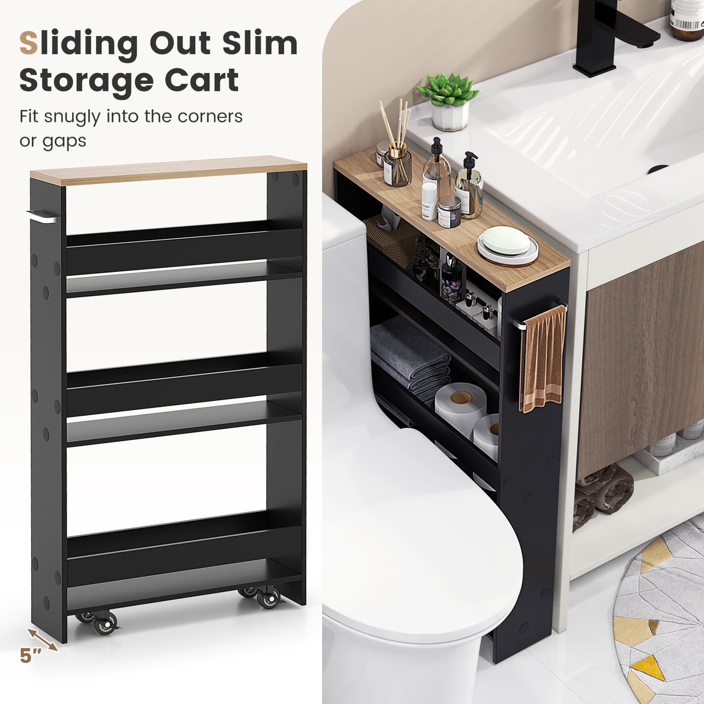 Slim Rolling Kitchen Storage Cart with Mobile Shelves and Handle - Black