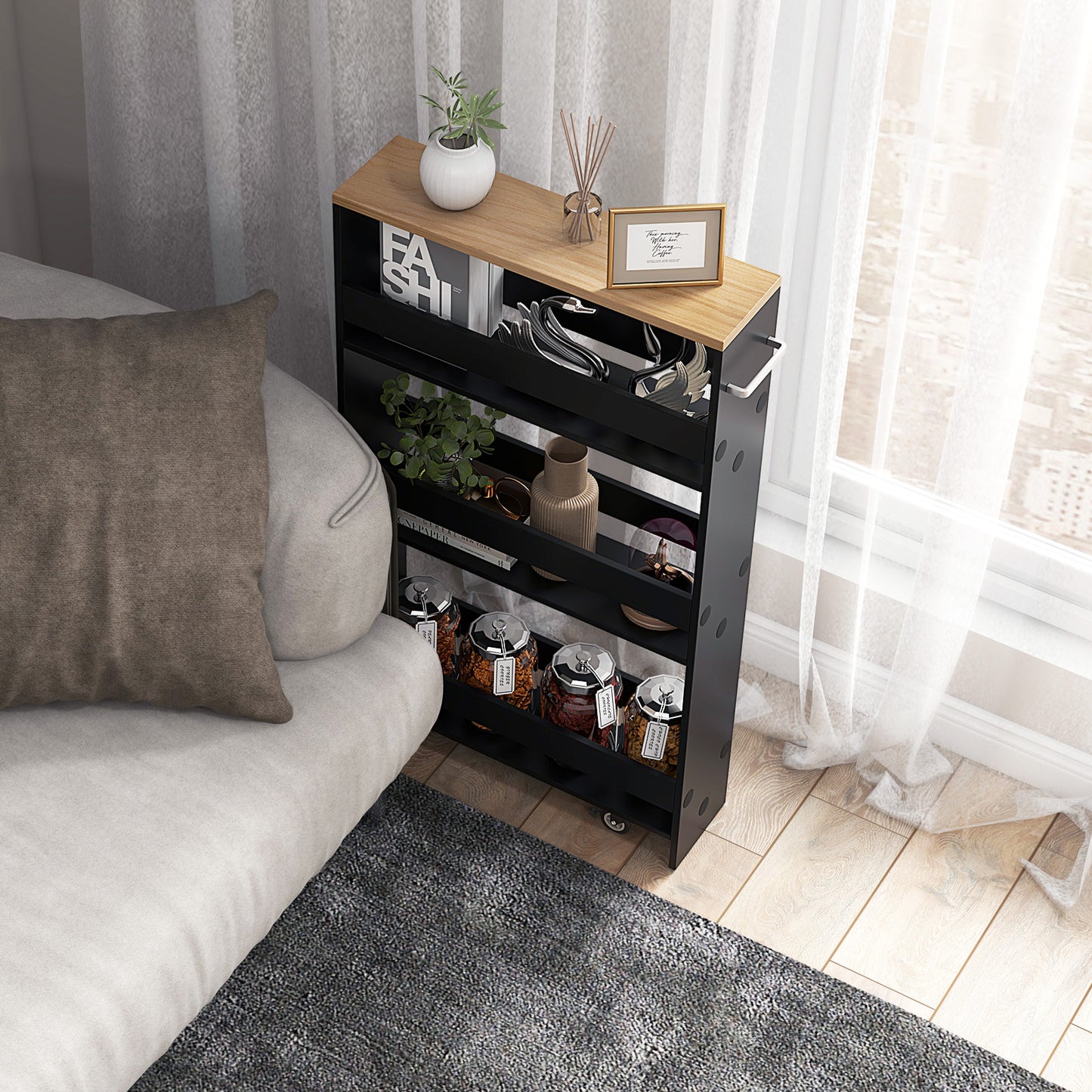 Slim Rolling Kitchen Storage Cart with Mobile Shelves and Handle - Black