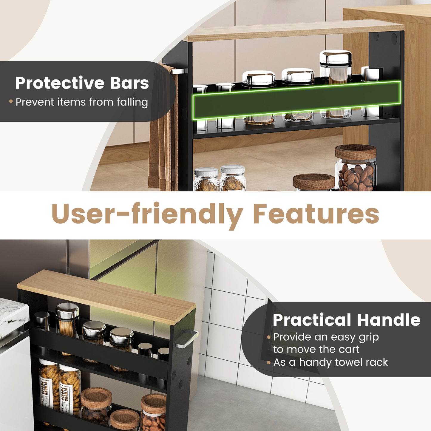 Slim Rolling Kitchen Storage Cart with Mobile Shelves and Handle - Black