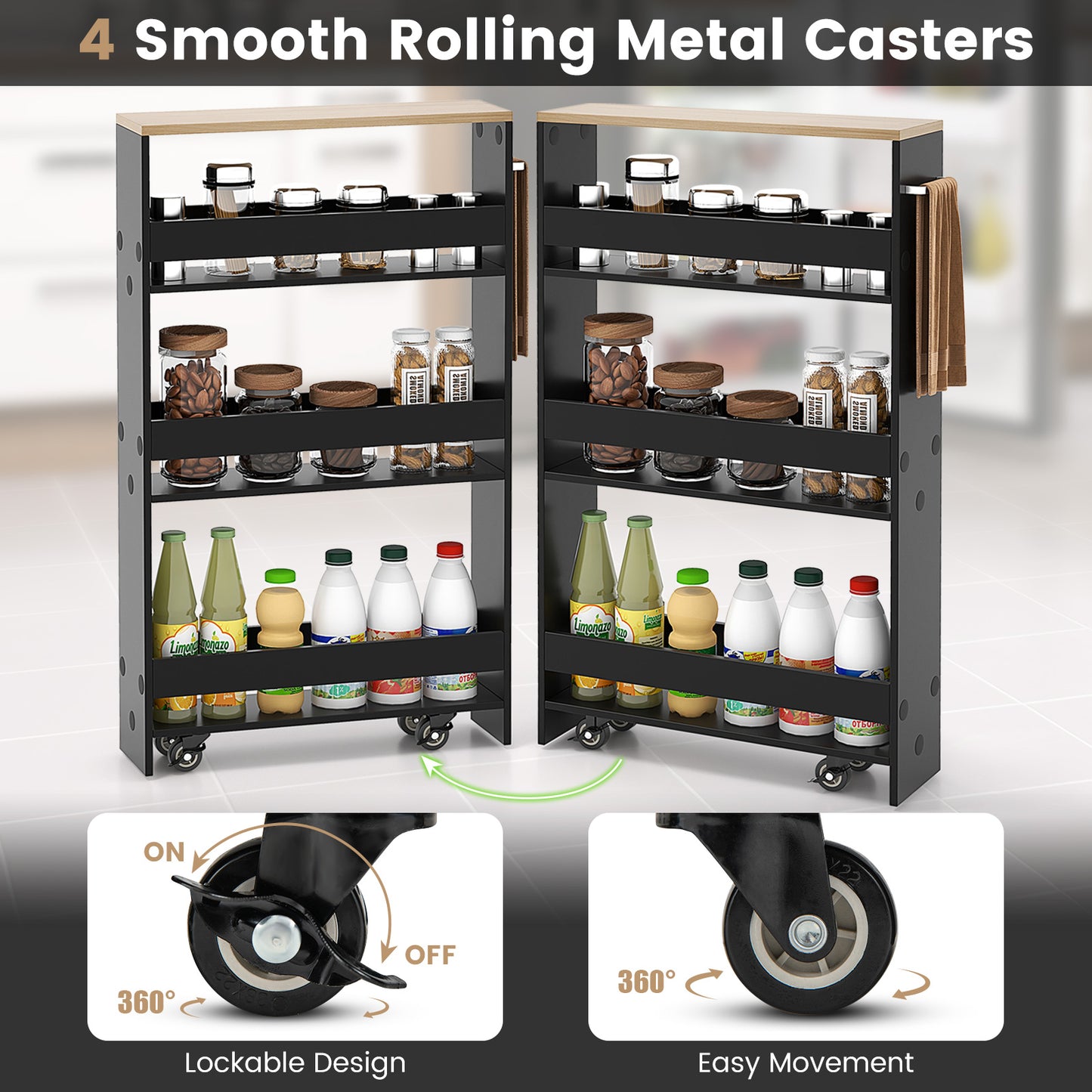 Slim Rolling Kitchen Storage Cart with Mobile Shelves and Handle - Black