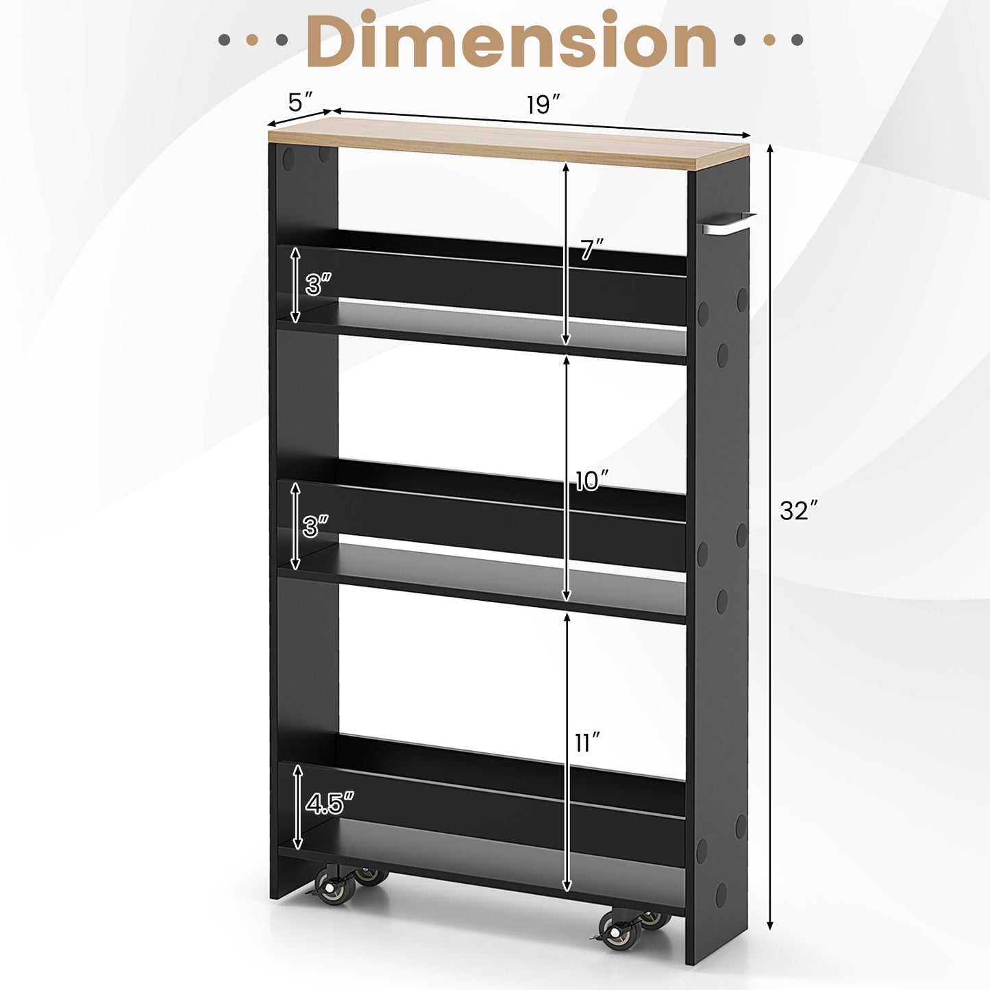 Slim Rolling Kitchen Storage Cart with Mobile Shelves and Handle - Black