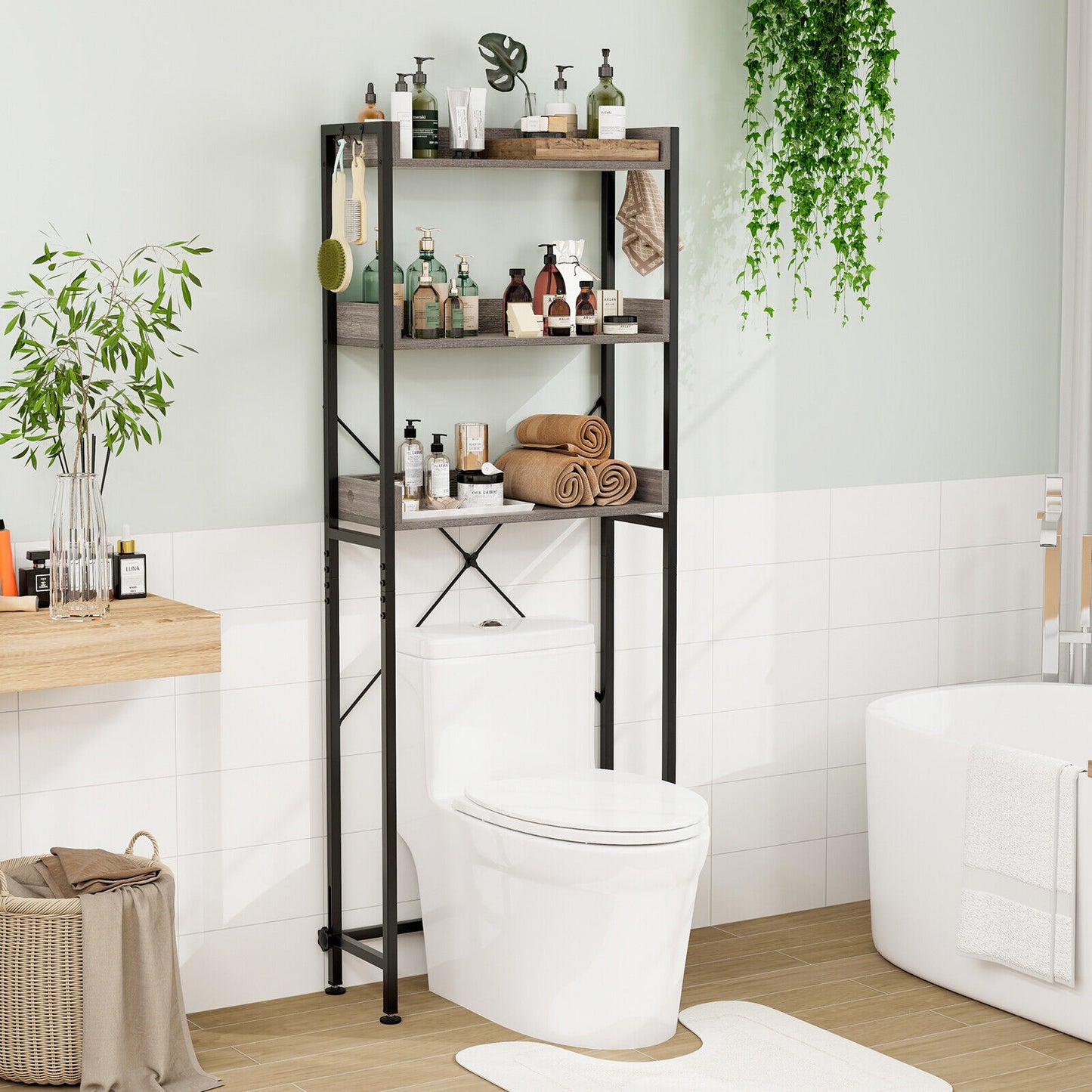 Over-The-Toilet Storage with Hooks & Adjustable Bar