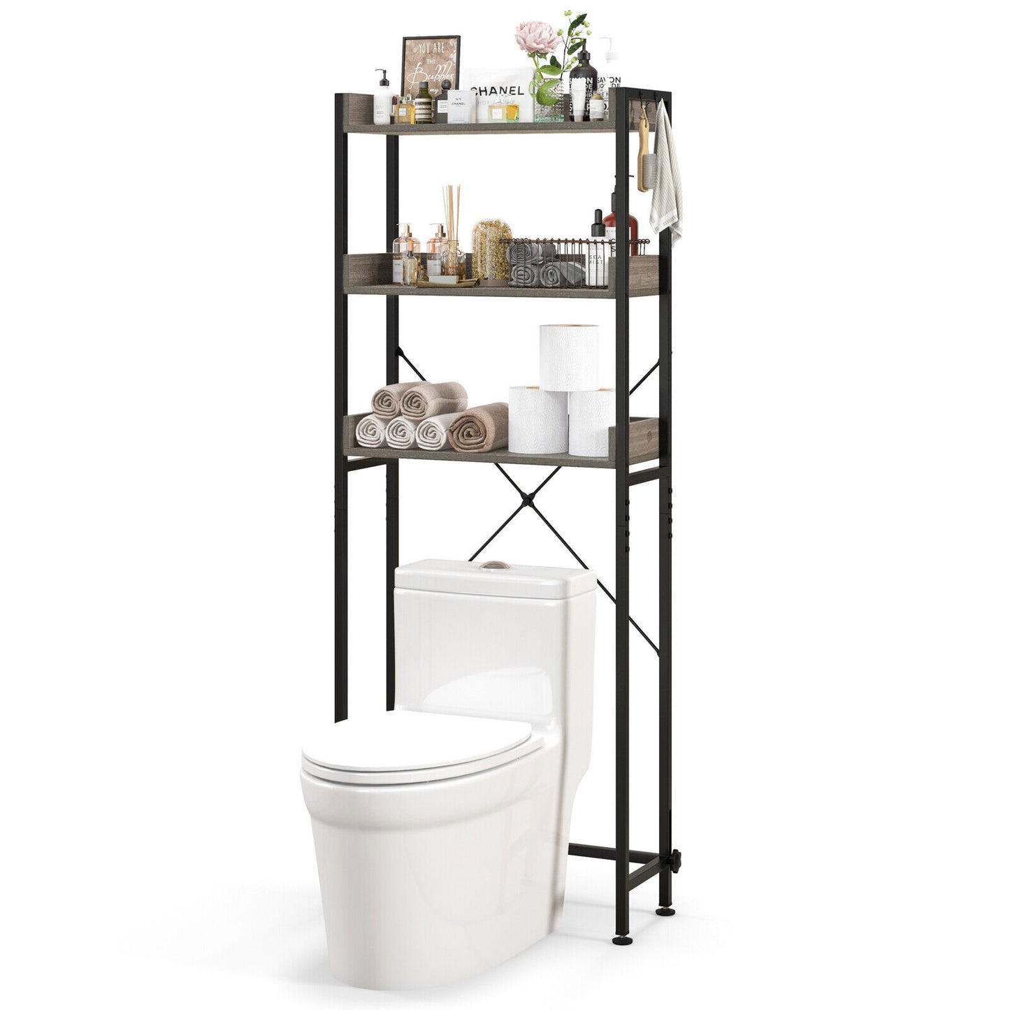 Over-The-Toilet Storage with Hooks & Adjustable Bar