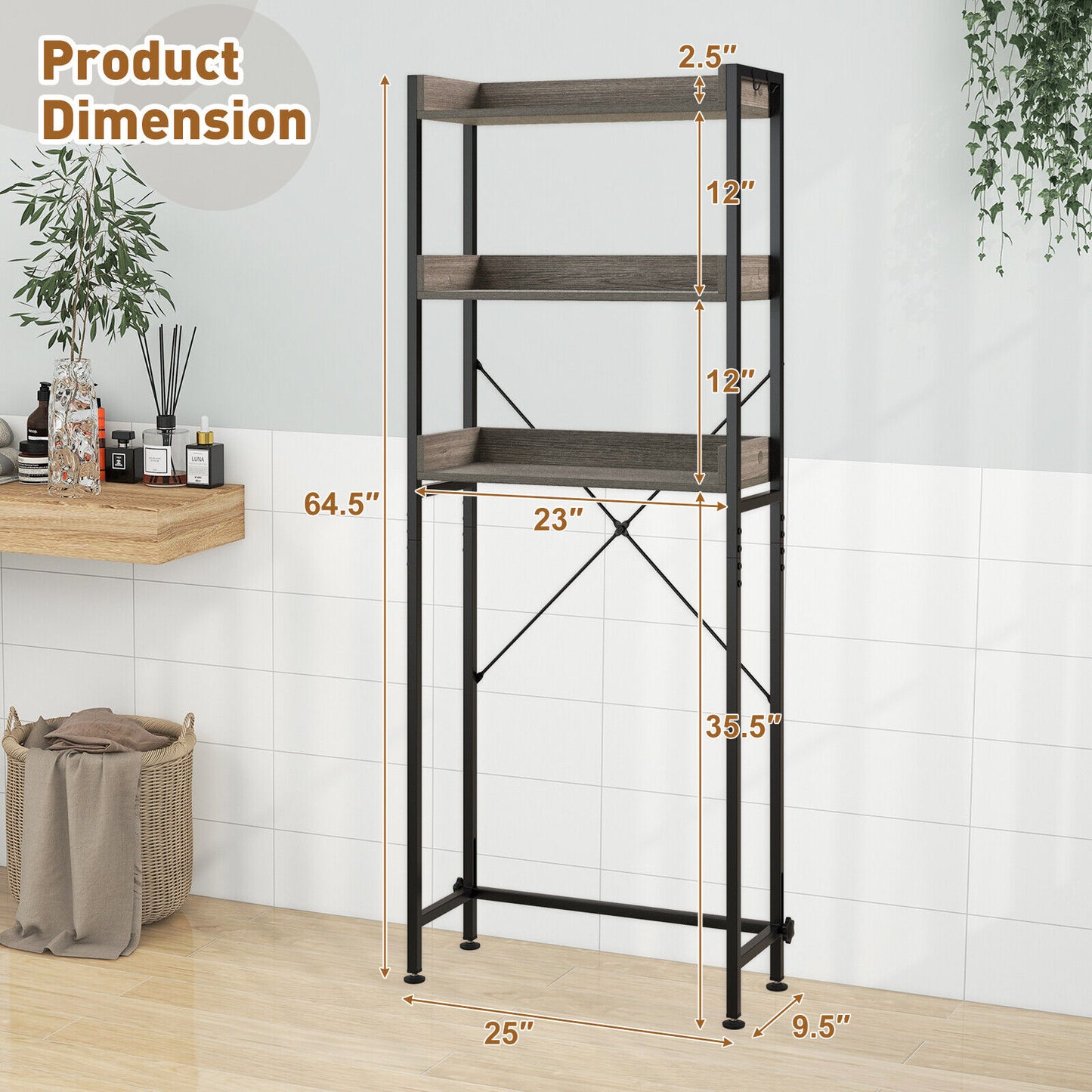 Over-The-Toilet Storage with Hooks & Adjustable Bar