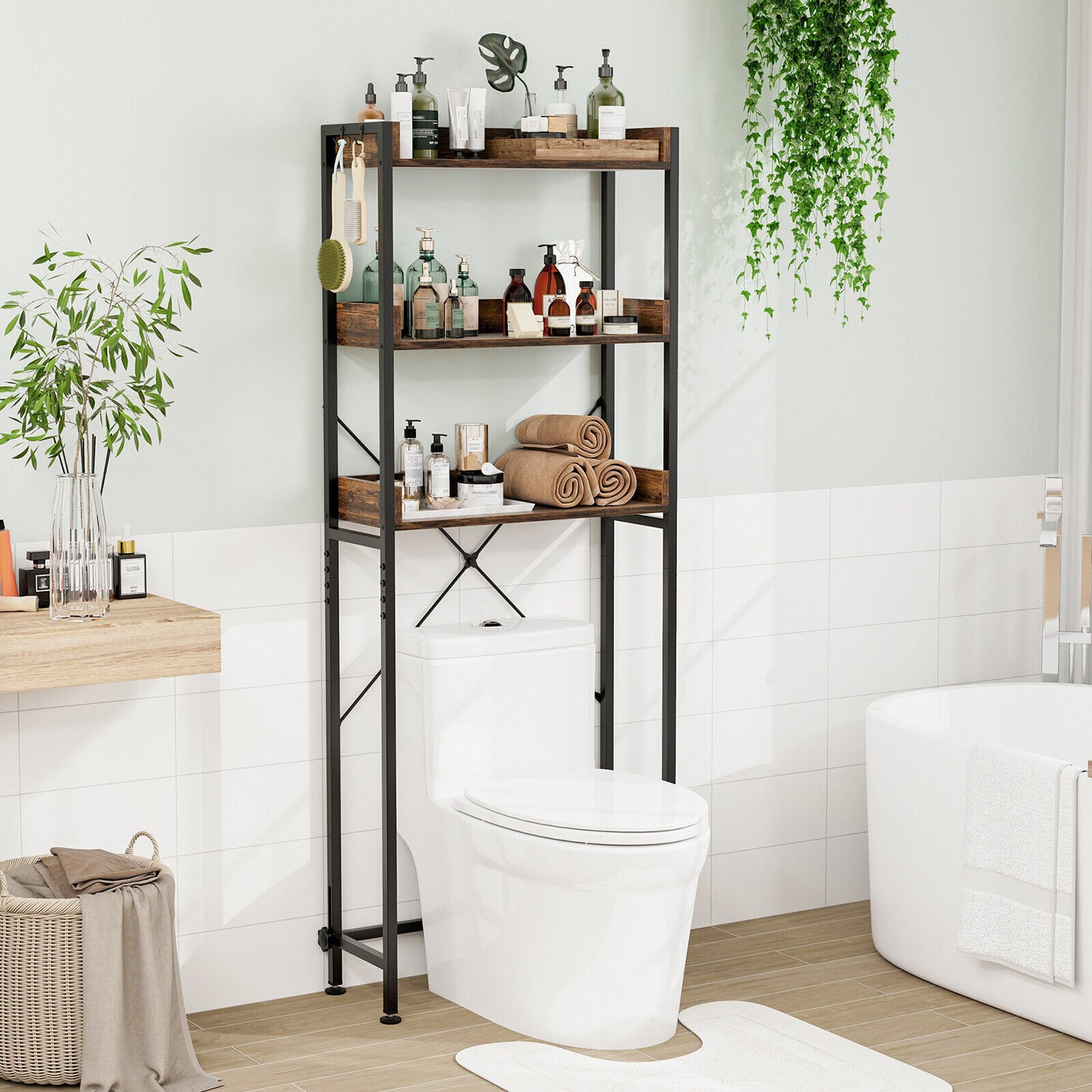 Over-The-Toilet Storage with Hooks & Adjustable Bar