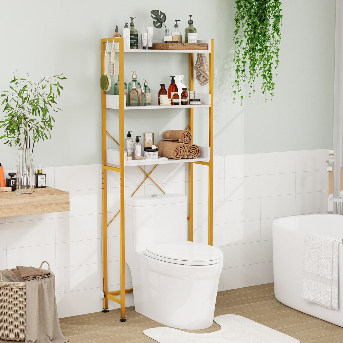 Over-The-Toilet Storage with Hooks & Adjustable Bar