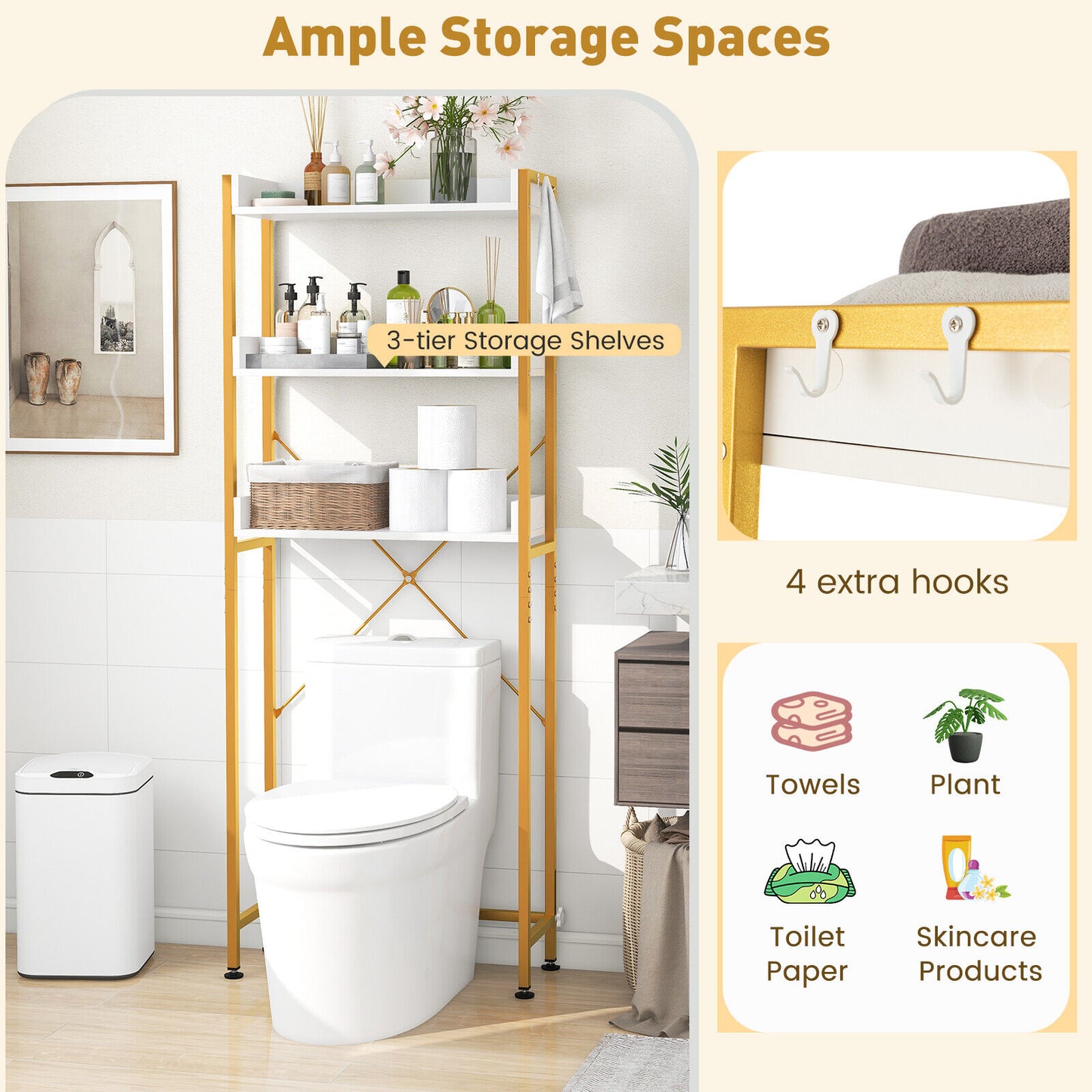 Over-The-Toilet Storage with Hooks & Adjustable Bar