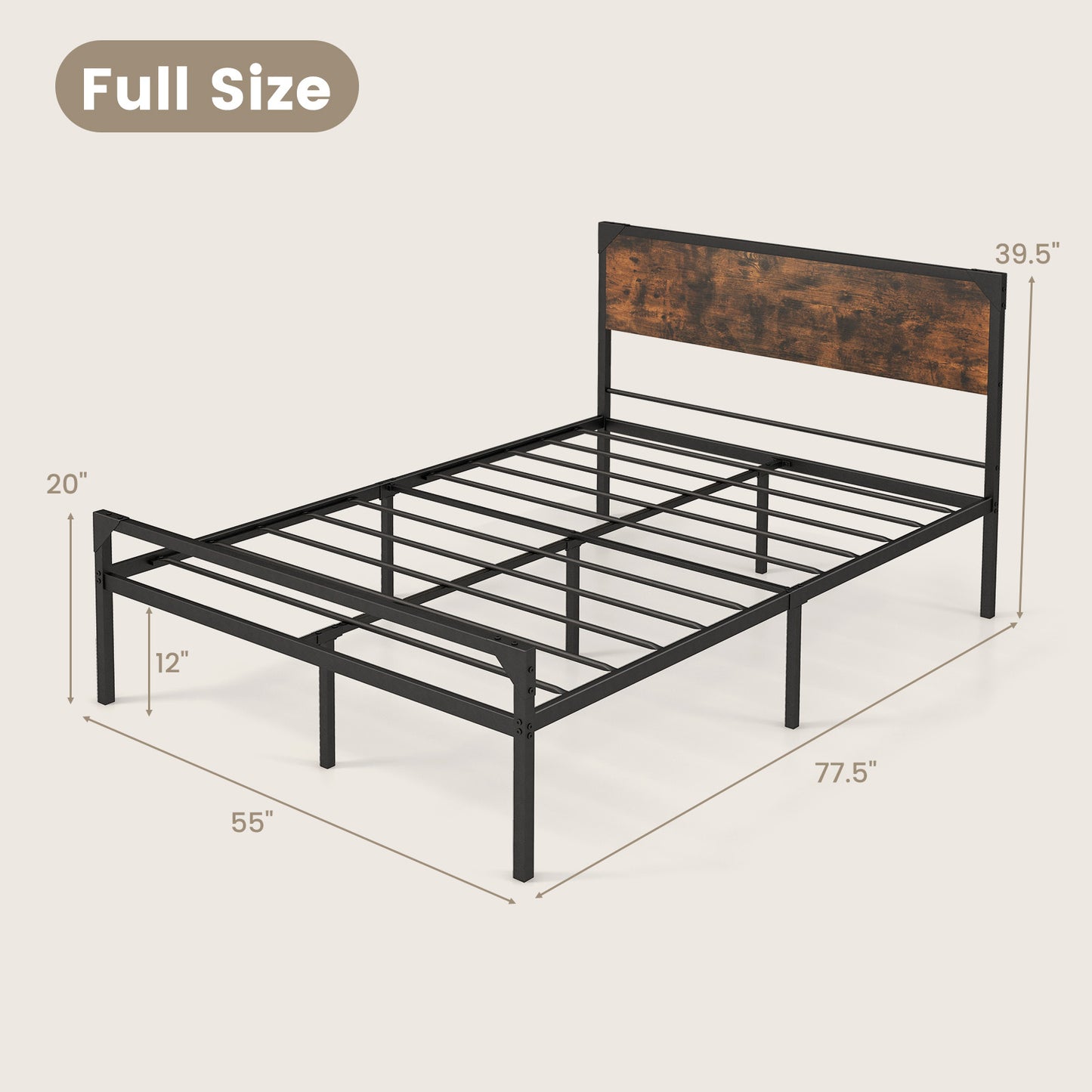 Rustic Metal Platform Bed with Headboard and Footboard - Full Size