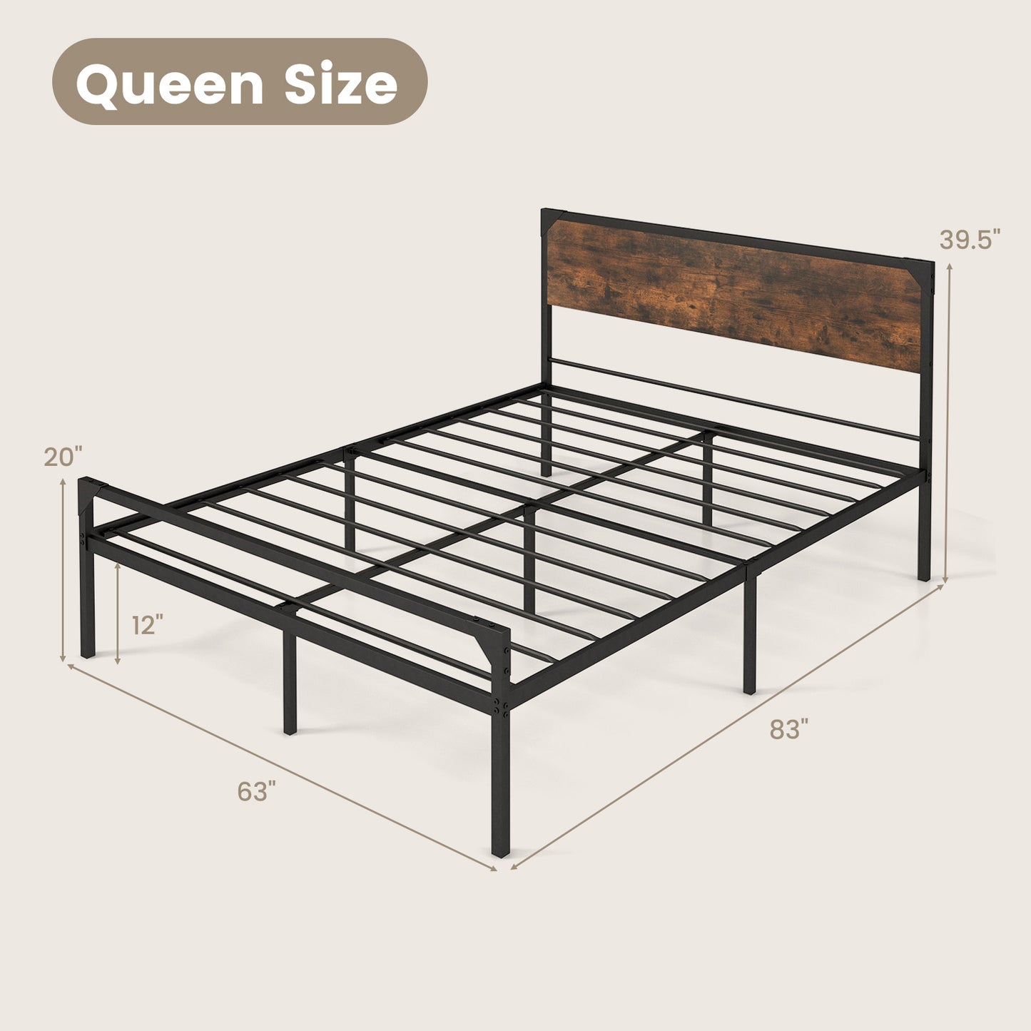 Rustic Metal Platform Bed with Headboard and Footboard - Queen Size